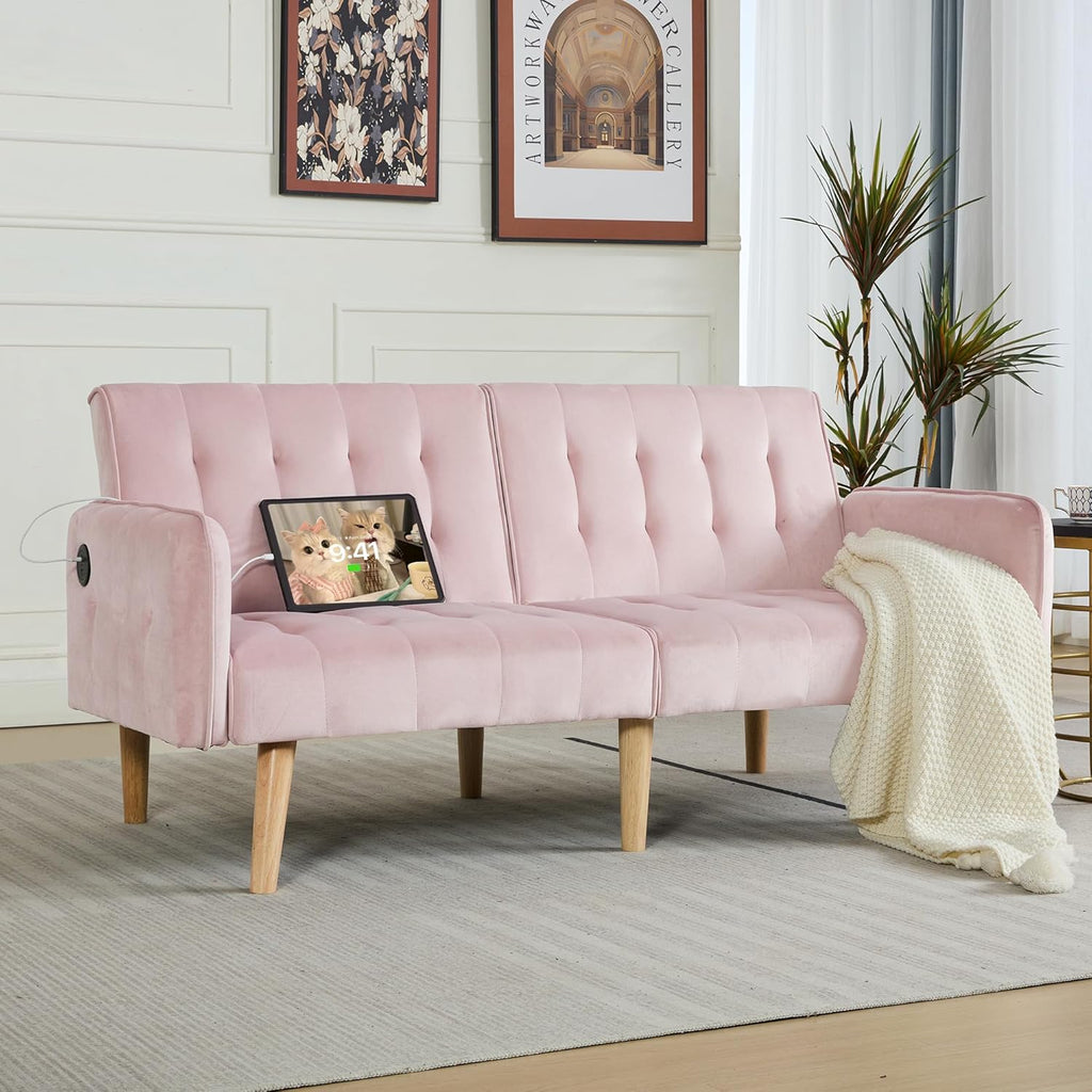 TYBOATLE 65' W Velvet Modern Convertible Folding Futon Couch Sofa Bed w/ 2 USB Charging Ports and arms, Loveseat for Compact Living Space, Dorm, Game Studio, Bonus Room, Apartment, Bedroom (Pink)