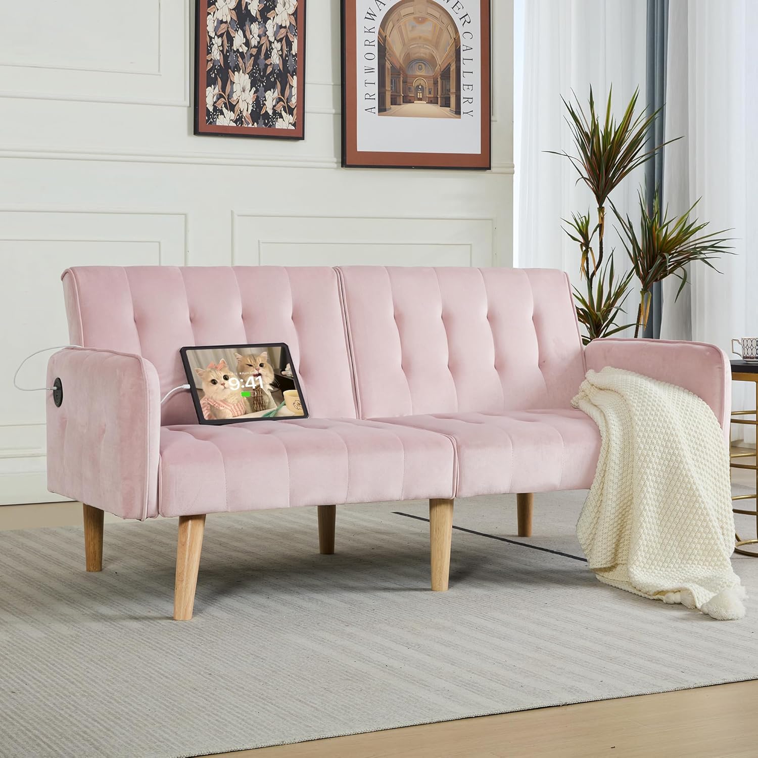 TYBOATLE 65' W Velvet Modern Convertible Folding Futon Couch Sofa Bed w/ 2 USB Charging Ports and arms, Loveseat for Compact Living Space, Dorm, Game Studio, Bonus Room, Apartment, Bedroom (Pink)