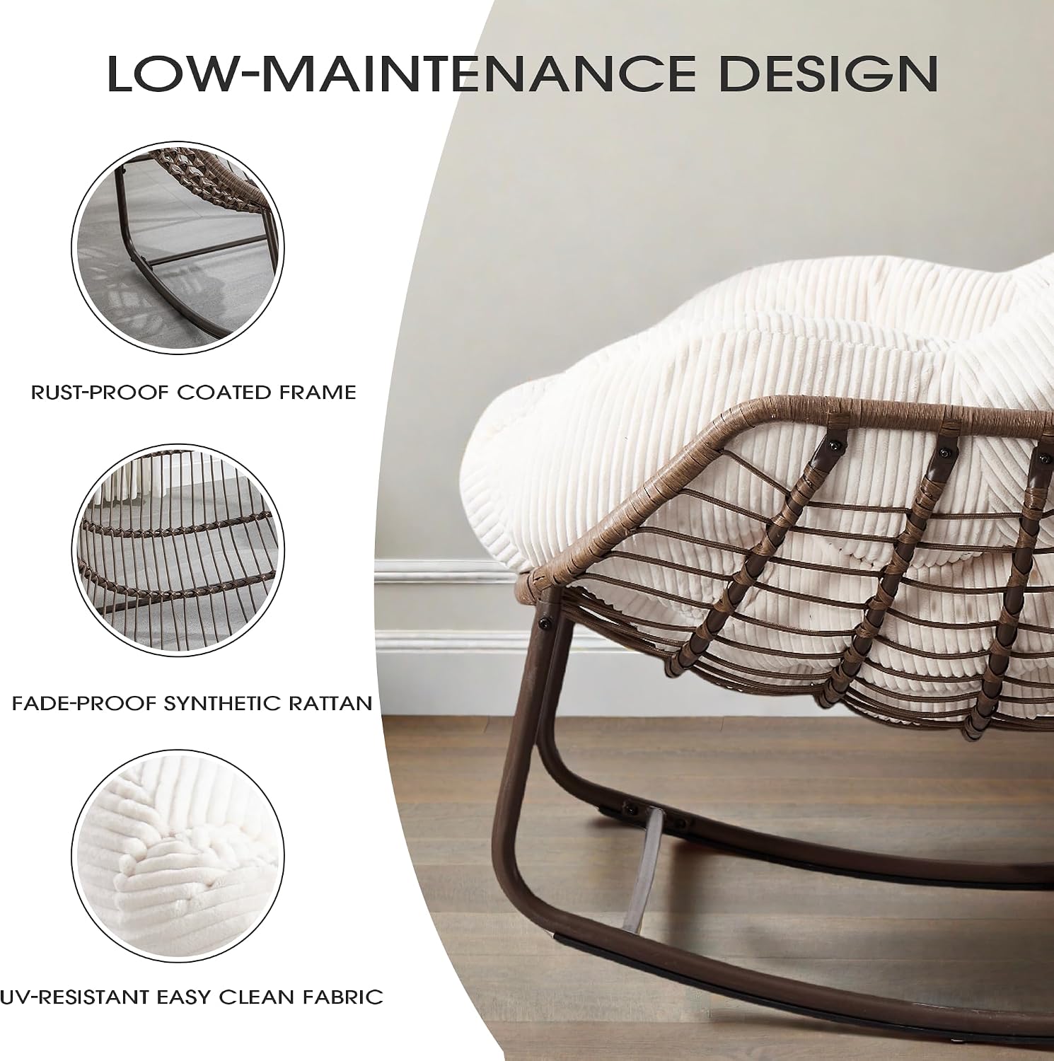 Oversized Papasan Rocking Chair, Indoor & Outdoor Egg Rocker with All-Weather Hand-Woven Rattan & Rust-Proof Steel Frame for Porch, Patio, Living Room (Corduroy, White)