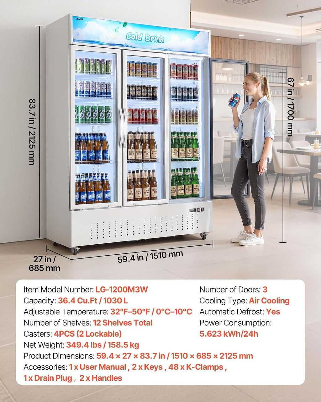 VEVOR Commercial Merchandiser Refrigerator, 36.4 Cu.Ft / 1030L Upright Beverage Cooler, 3 Glass Door Display Refrigerator with Customizable Lightbox, 12 Adjustable Shelves, Soft LED Lighting & Casters