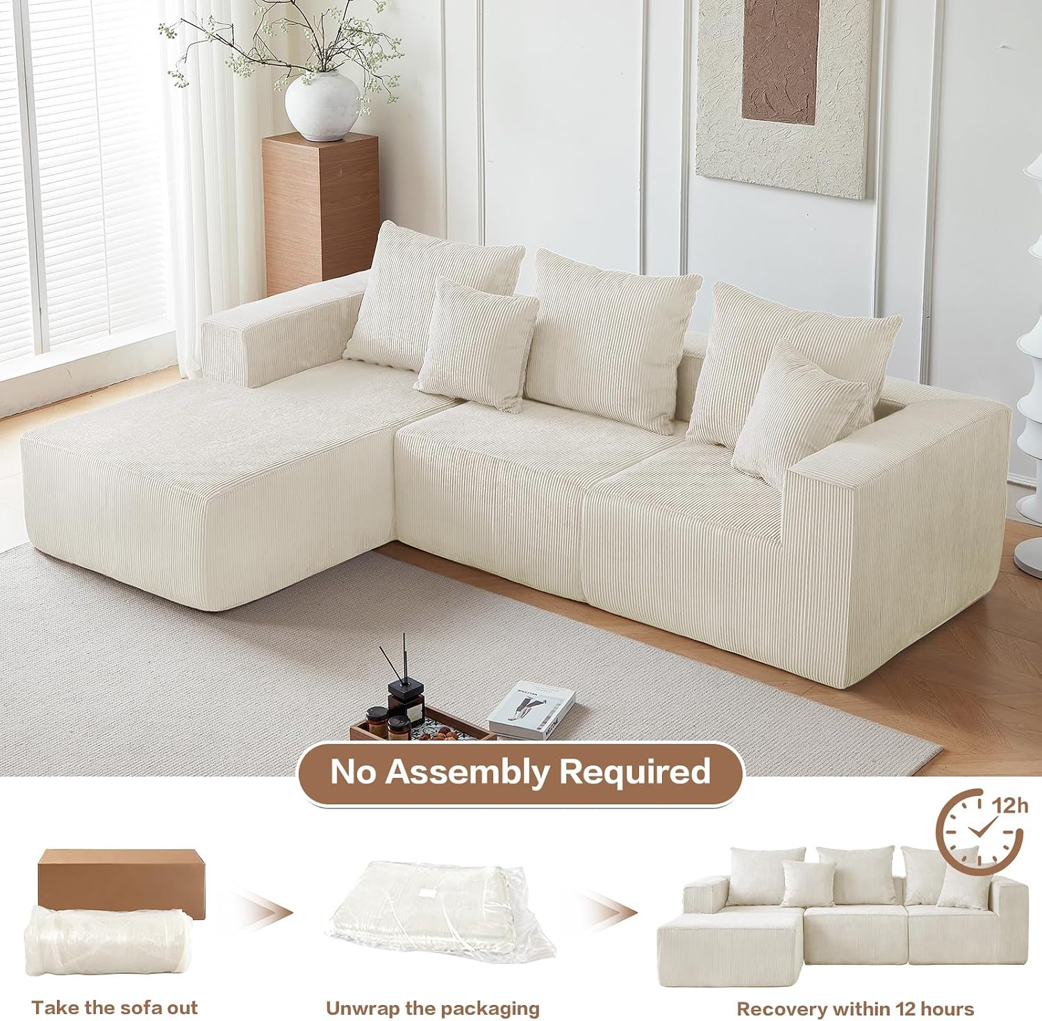 101' Cloud Couch for Bedroom,Boneless Couch with Oversized Chaise,4-Seat Chenille Deep Seat Sofa with 5-Pillows for Living Room,Corduroy Sofa in A Box,Beige
