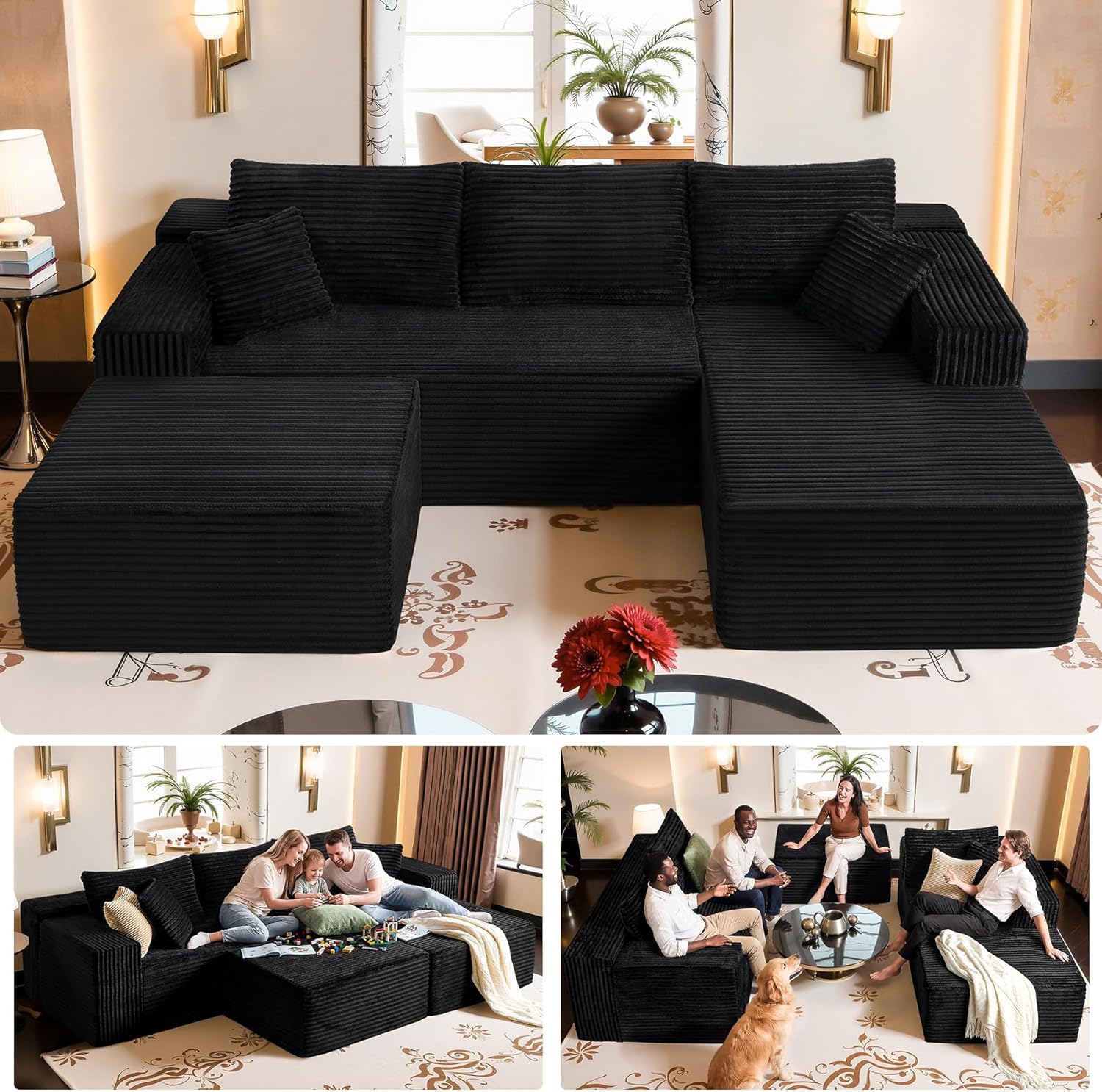 Black Sectional Couch with Ottoman, 108' Cloud Modular Couch for Living Room, Modern U-Shaped Sofa, No Assembly Required - Plush Corduroy Fabric & Deep Seat Comfort (Left Facing Chaise)
