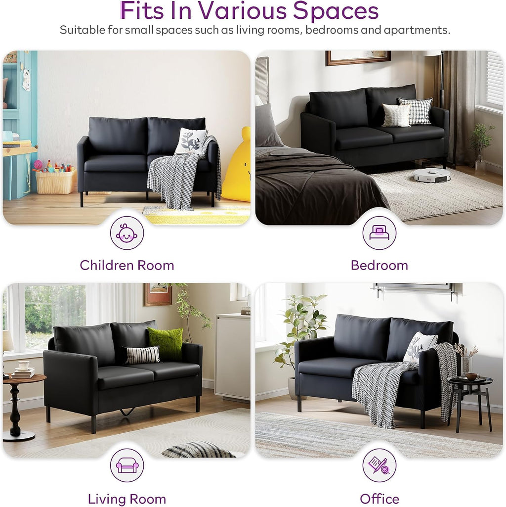 TYBOATLE Faux Leather Modern Small Couches for Small Spaces, Comfy Upholstered Love Seat for Bedroom, 2 Seater Mini Couch for Apartment, Dorm, Office, Black