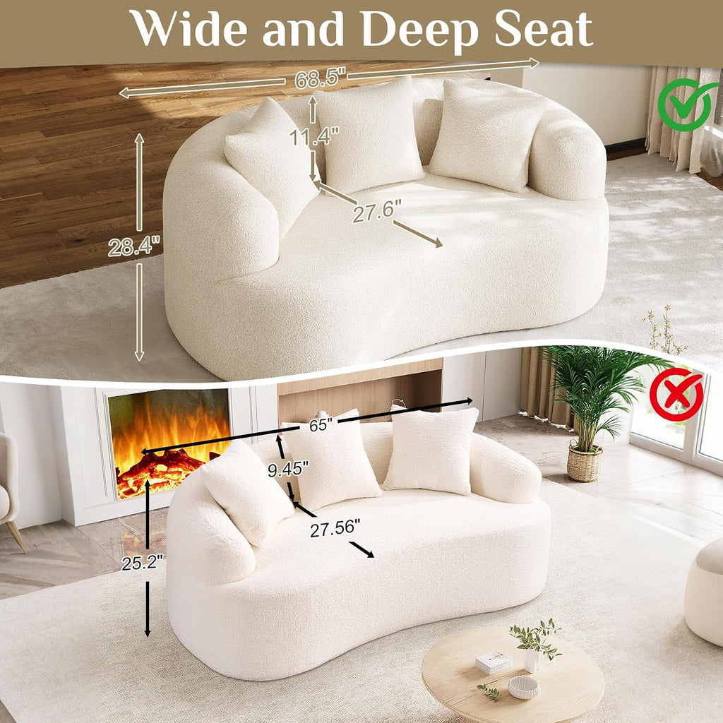 DAMAIFROM 68.5' Loveseat Sofa for Living Room, Modern Luxury Plush Chenille Extra Deep Seat Curved Cloud Floor Couch with 3 Throw Pillows for Small Spaces, No Assembly Needed, Cream White
