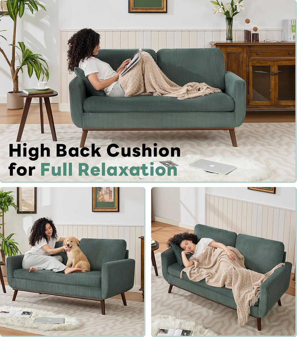 Kingfun 65' Corduroy Love Seat with Spring Cusions, Mid Century Modern Loveseat Sofa for Livingroom & Bedroom, Comfy Upholstered Small Couch, Green