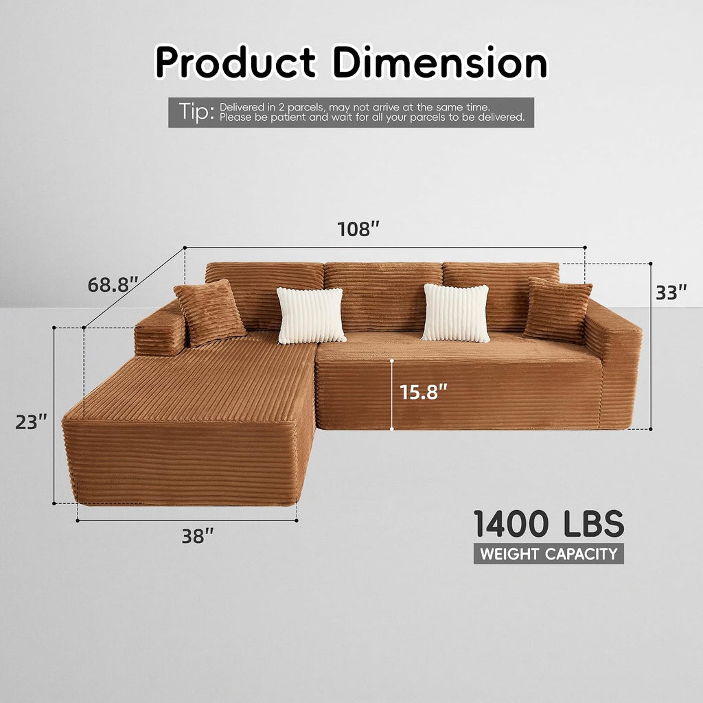 Opiesit 108' Boneless Couches for Living Room, Modular Sectional Sofa with Oversized Chaise, L-Shape Cloud Couch with Deep Seat, High-Density Memory Foam, No Assembly Required, Plush Corduroy Brown