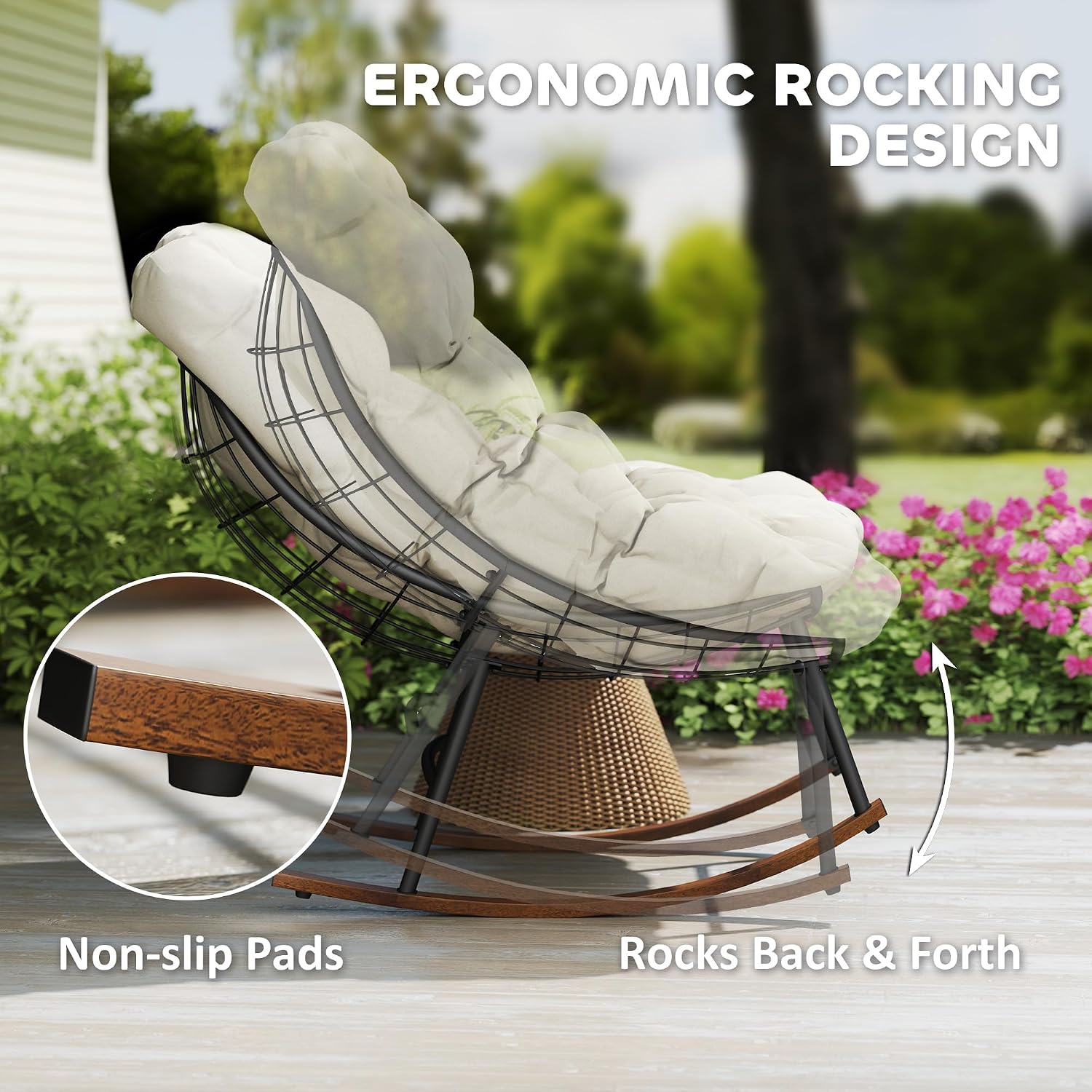 Outsunny Outdoor Rocking Chair Set of 2, Oversized Rocking Papasan Chairs with Cushions, Steel Frame, Comfy Outdoor Rockers for Patio Porch Lawn Garden, Beige