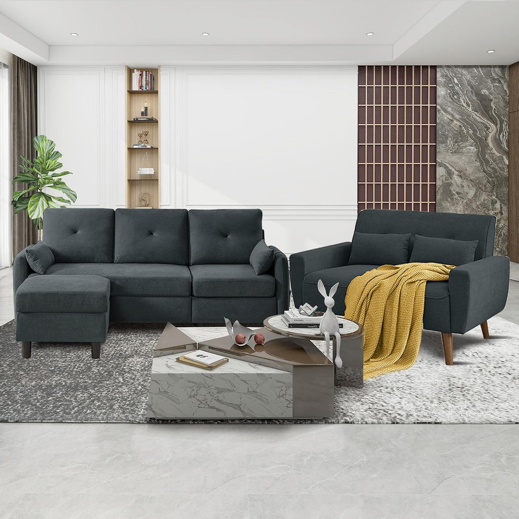 Convertible Sectional Couch Set, 77' L Shaped Sofa with Ottoman and 48' Loveseat, Modern Couches for Living Room, Apartment and Office, Dark Grey