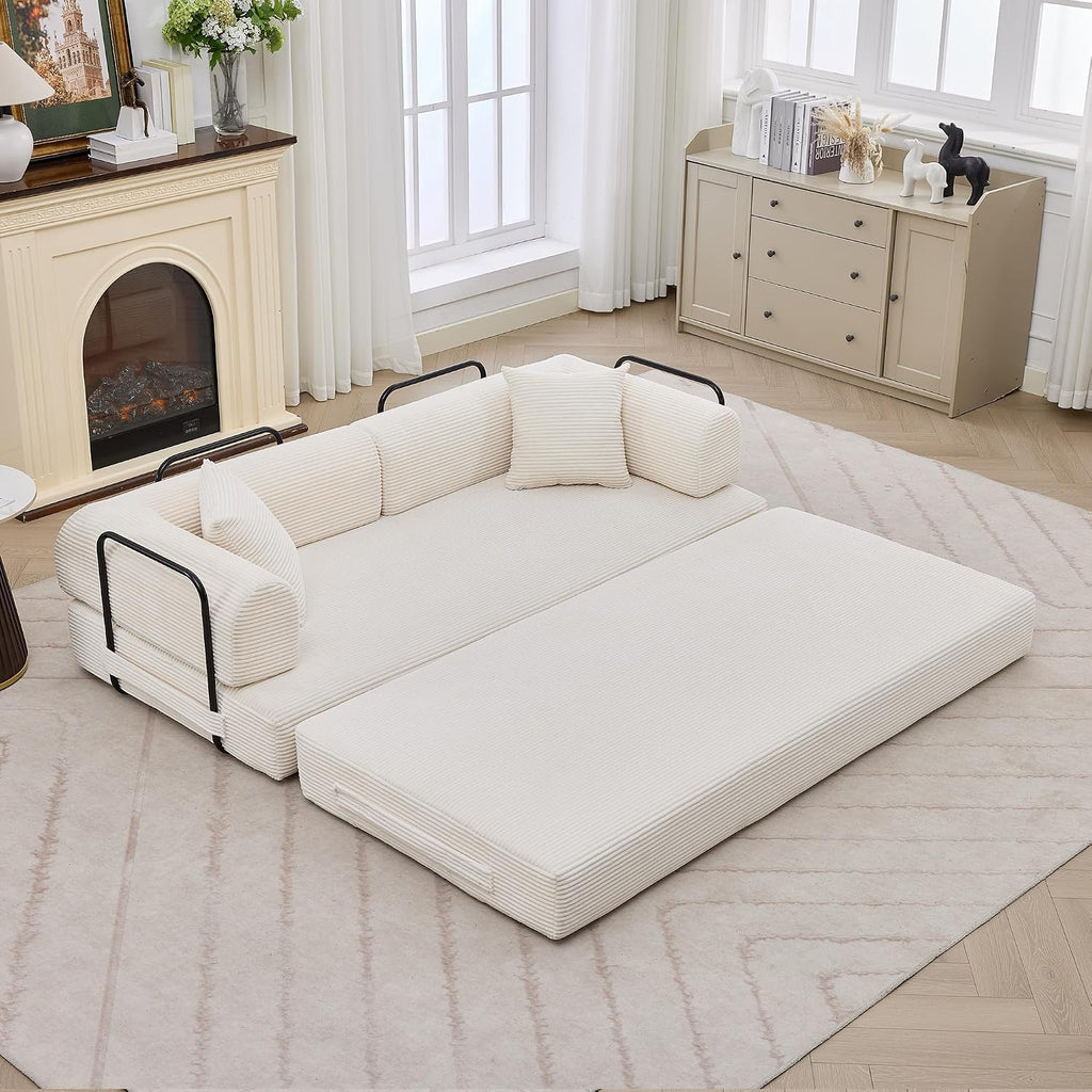 GarveeHome 79' Convertible Sleeper Sofa Bed Couch, 4-in-1 Boneless Corduroy Folding Sofa Bed with Pillow & Fixed-Shape, Floor Mattress Couch Loveseat for Living Room Apartments - No Assembly, Beige