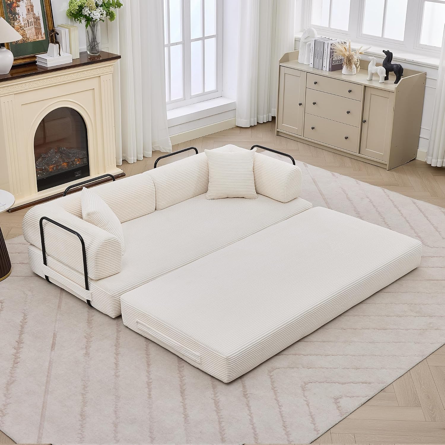GarveeHome 79' Convertible Sleeper Sofa Bed Couch, 4-in-1 Boneless Corduroy Folding Sofa Bed with Pillow & Fixed-Shape, Floor Mattress Couch Loveseat for Living Room Apartments - No Assembly, Beige
