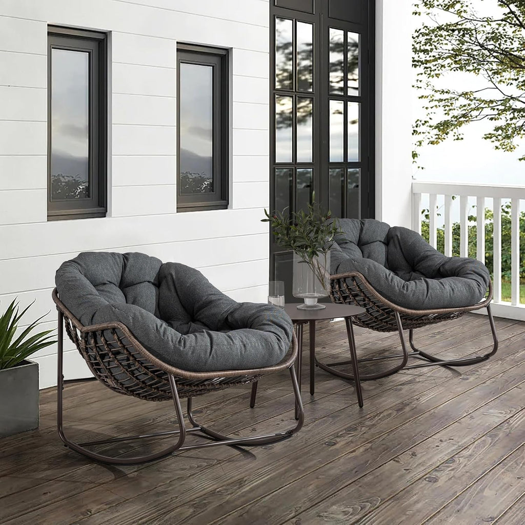 Outside Rattan Rocking Chair with Wicker Cushion, Oversized Lounge Papasan Chair, Outdoor Camping Chairs Patio Furniture for Garden, Balcony, Front Porch & Living Room, Grey1