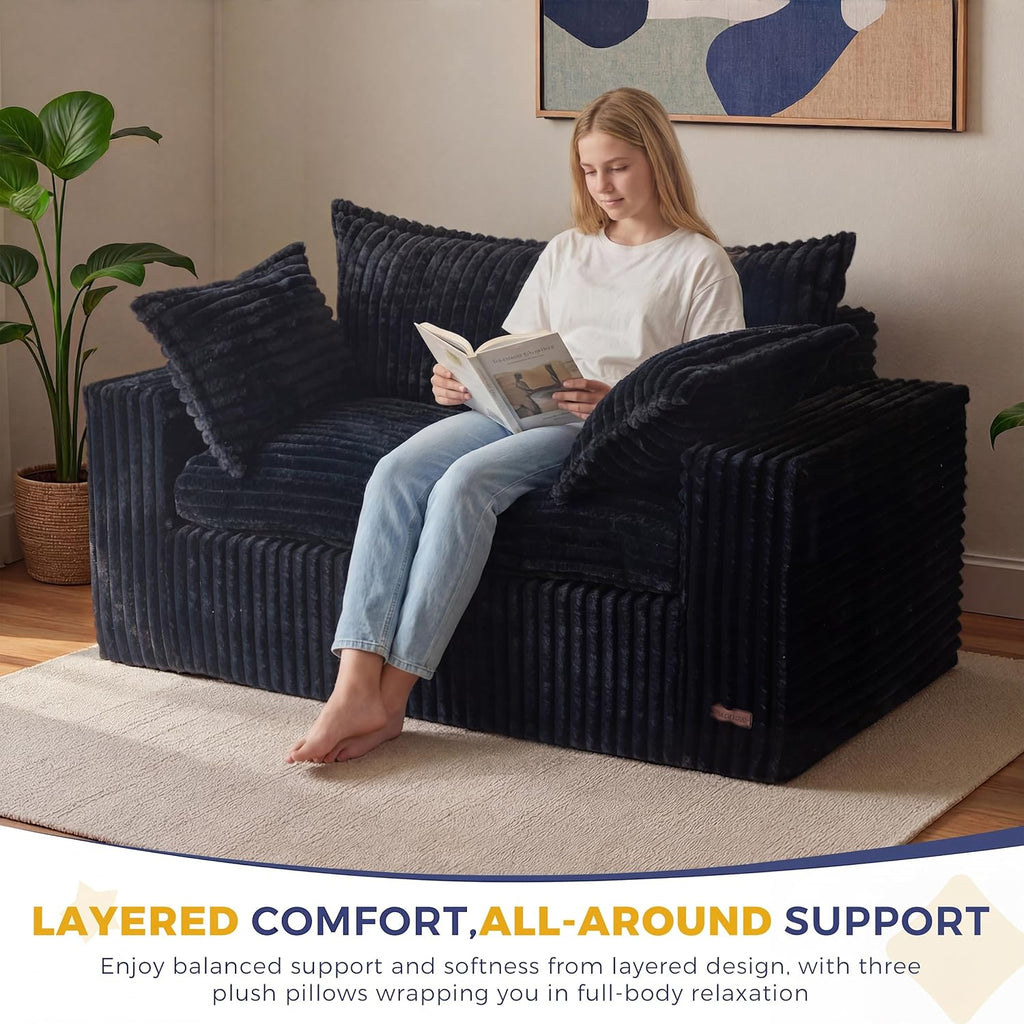 MAXYOYO 59' Bean Bag Sofa Couch, Loveseat Boneless Couch in a Box, Upholstered Small Mini Sofa with Deep Seating for Living Room Bedroom Office Apartment, No Assembly, Black