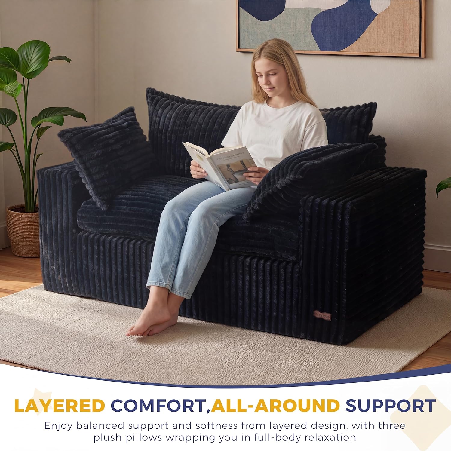 MAXYOYO 59' Bean Bag Sofa Couch, Loveseat Boneless Couch in a Box, Upholstered Small Mini Sofa with Deep Seating for Living Room Bedroom Office Apartment, No Assembly, Black