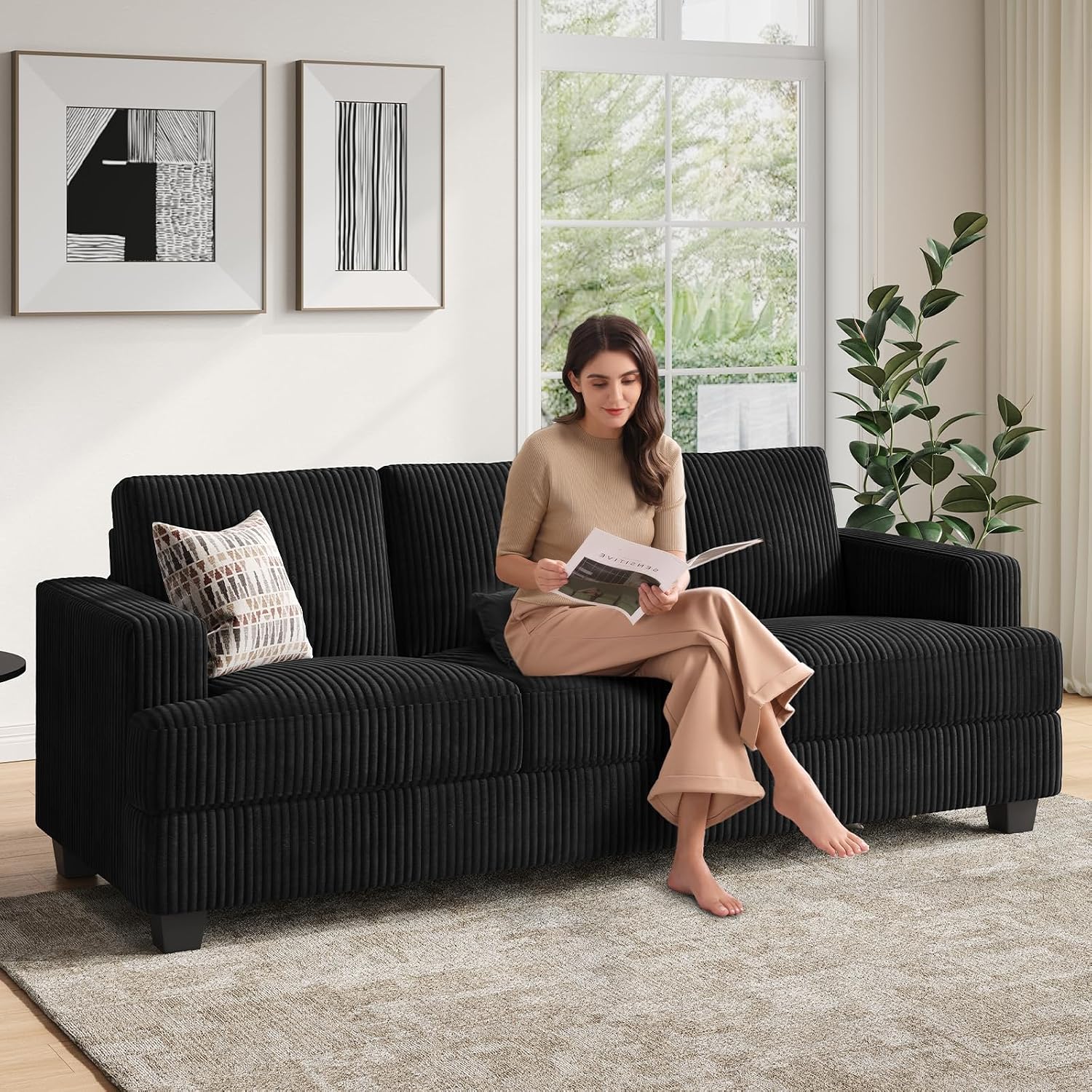 COPIAE 89 Inch Sofa with Extra Deep Seats Oversize, 3 Seater Sofa for Living Room, Modern Couch and Sofa, Comfy Armrests and Seats and Backrests, Easy Installation,Wide Corduroy Fabric Black