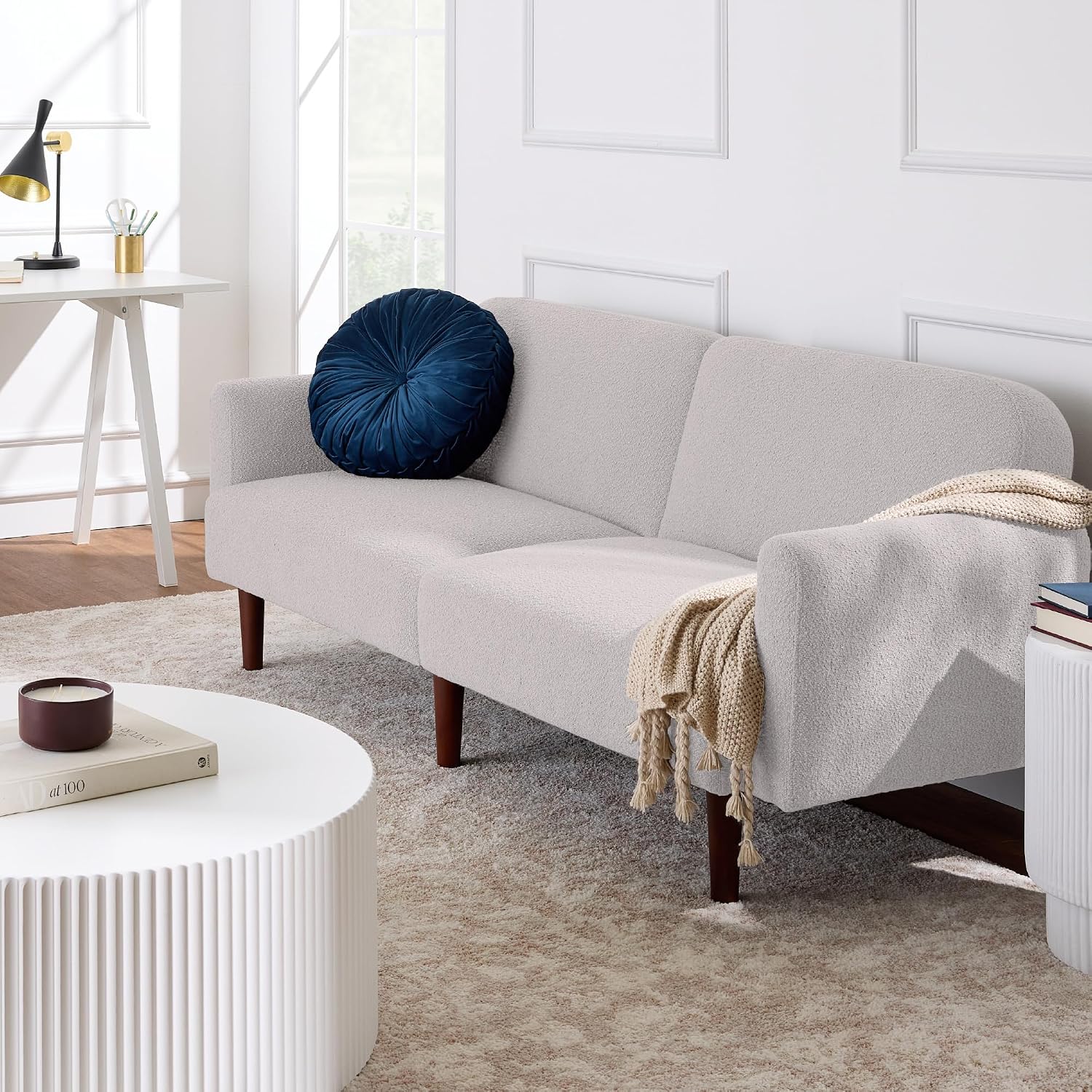 Best Choice Products 77' Mid Century Modern Boucle Loveseat Sofa, Couch, Convertible Sofa Sleeper Bed w/Real Wood, Removable Armrest - Frost Gray