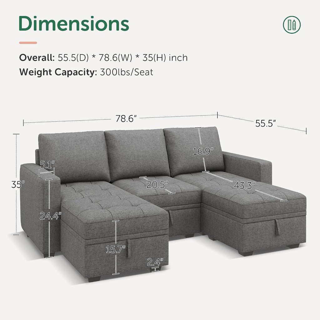 HONBAY Modular Sectional Couch U Shaped Sofa with Storage Seats Sectional Couches for Living Room,Grey