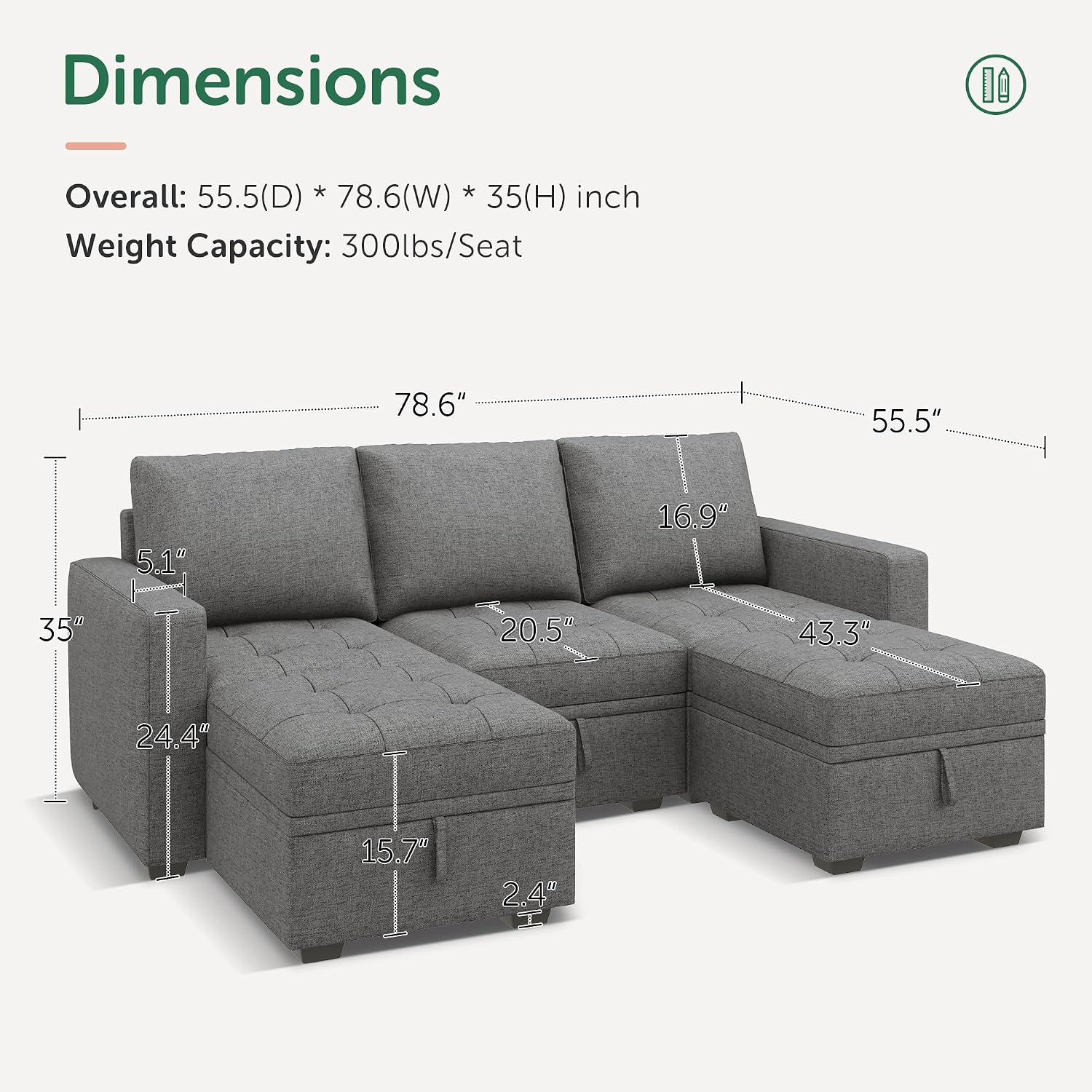 HONBAY Modular Sectional Couch U Shaped Sofa with Storage Seats Sectional Couches for Living Room,Grey