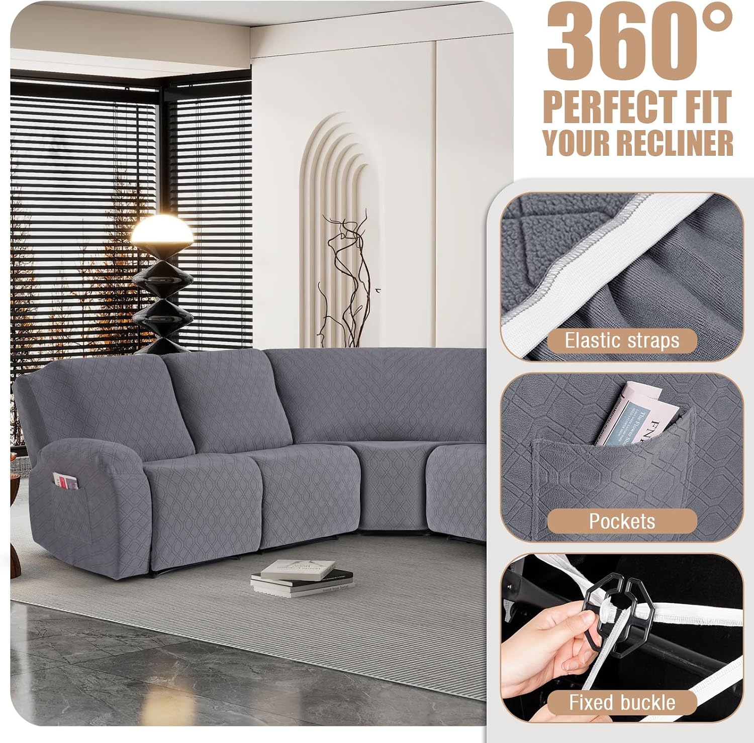 VANSOFY Extra Large Reclining Sectional Couch Covers, Washable 5-Piece Sofa Covers for L Shape Sectional Sofa Corner Seater, Thick, Soft Sofa Slipcovers (5 Seat Recliner Cover, Dark Gray)