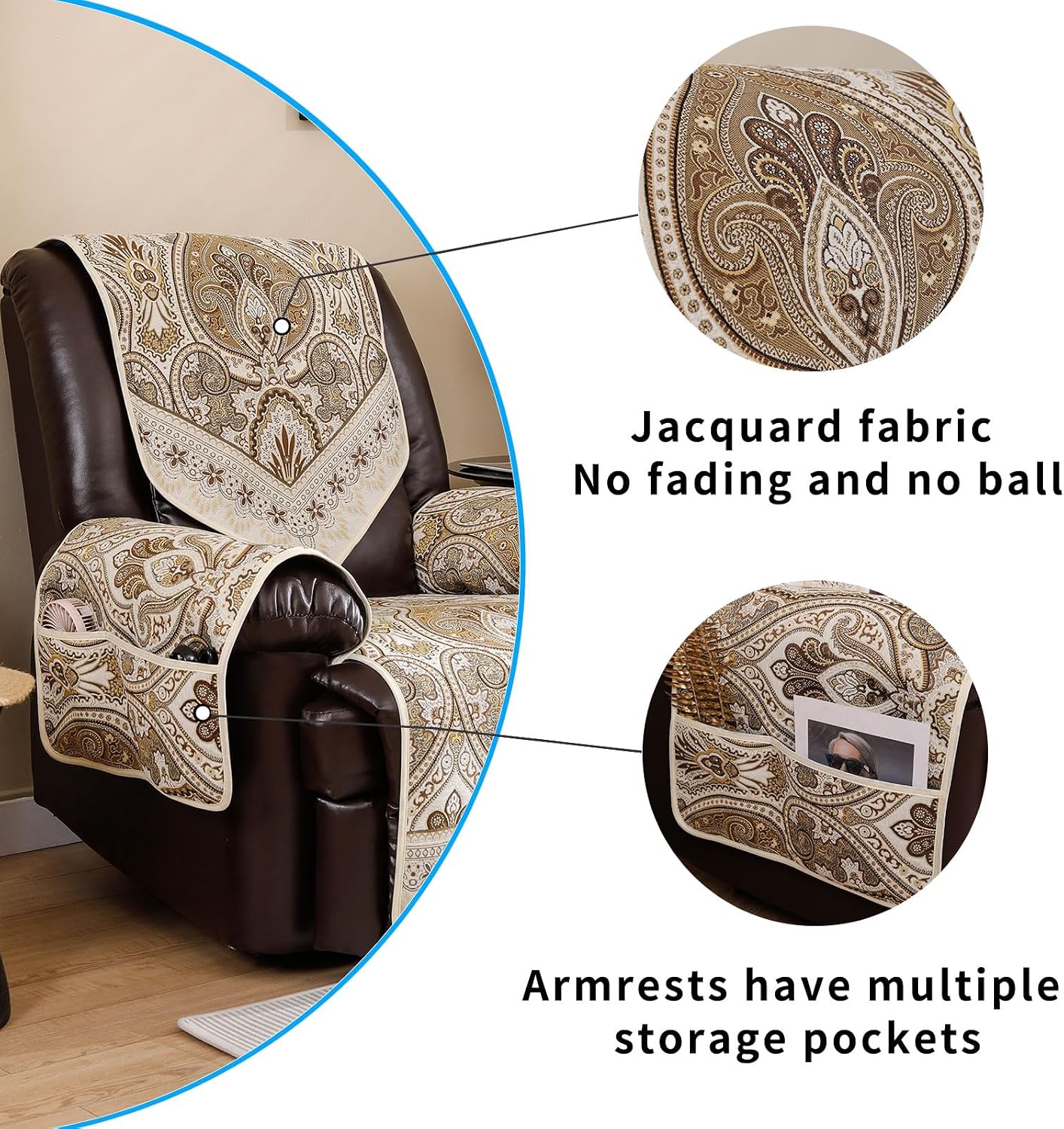 Waterproof Recliner Sofa Covers Non-Slip Recliner Couch Covers for 2 seat, Split Washable Jacquard Reclining Couch Covers Furniture Protecto (FLKF-Beige, 3 Seater)