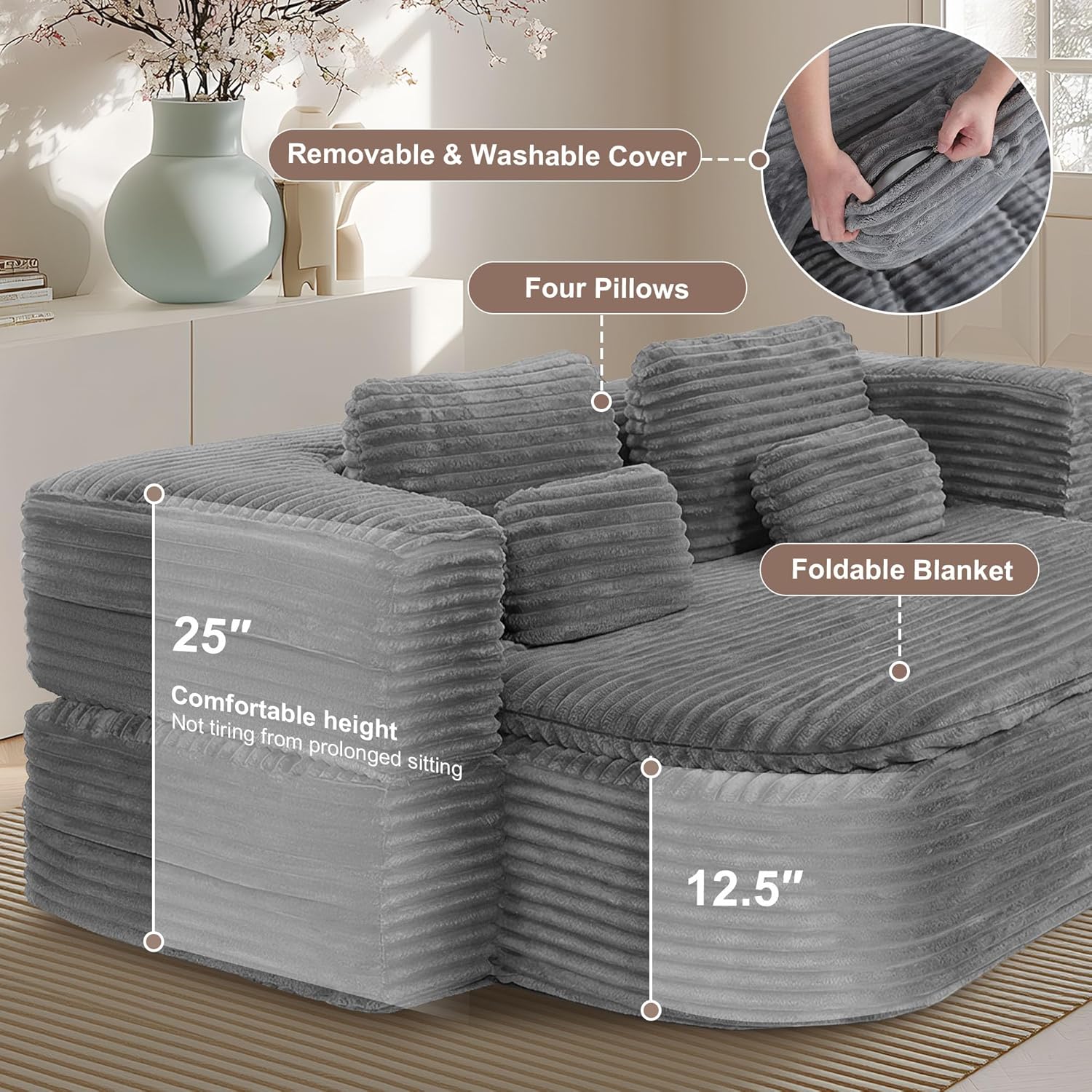 75'' Folding Sleeper Sofa Bed, Memory Foam Fold Out Couch, Boneless Foldable Full Size Guest Bed Mattress, Modern 2-in-1 Floor Deep Seat Sleeper Sofa with 4 Pillows and Blanket (Corduroy, Gray)