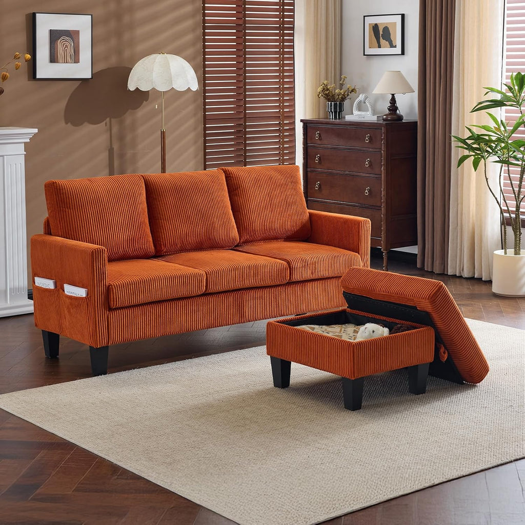 VINGLI 68.5' L Shaped Couch with Movable Storage Ottoman, Convertible Sectional Sofa in Soft Corduroy Fabric, Modern Reversible Chaise Couch for Small Spaces, Apartment, Living Room，Orange