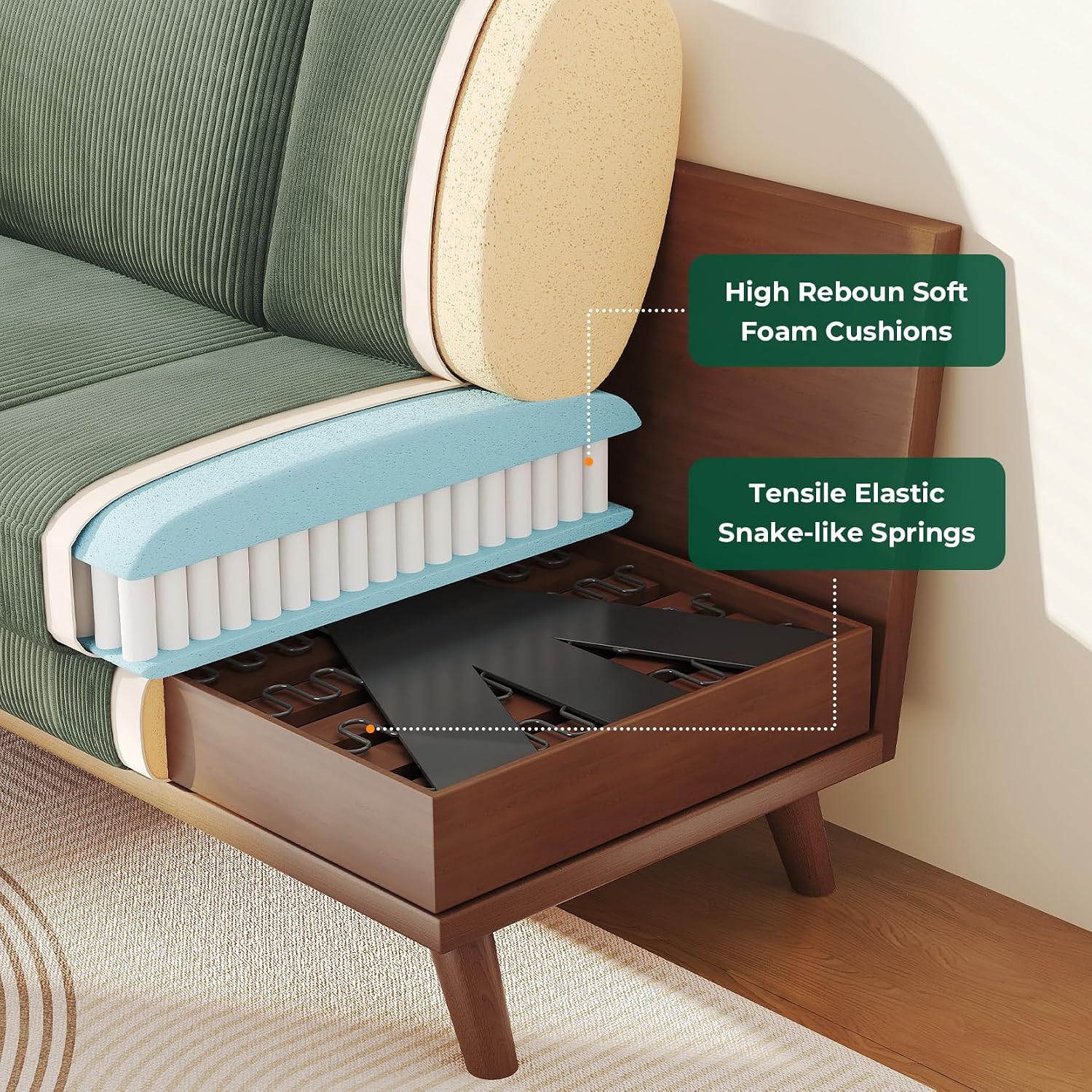 Vesgantti 68' Loveseat Sofa - Green, Comfy Corduroy with Spring Cushion, Solid Wood Frame, Modern Deep Seat, Bedroom & Living Room, Office Couch