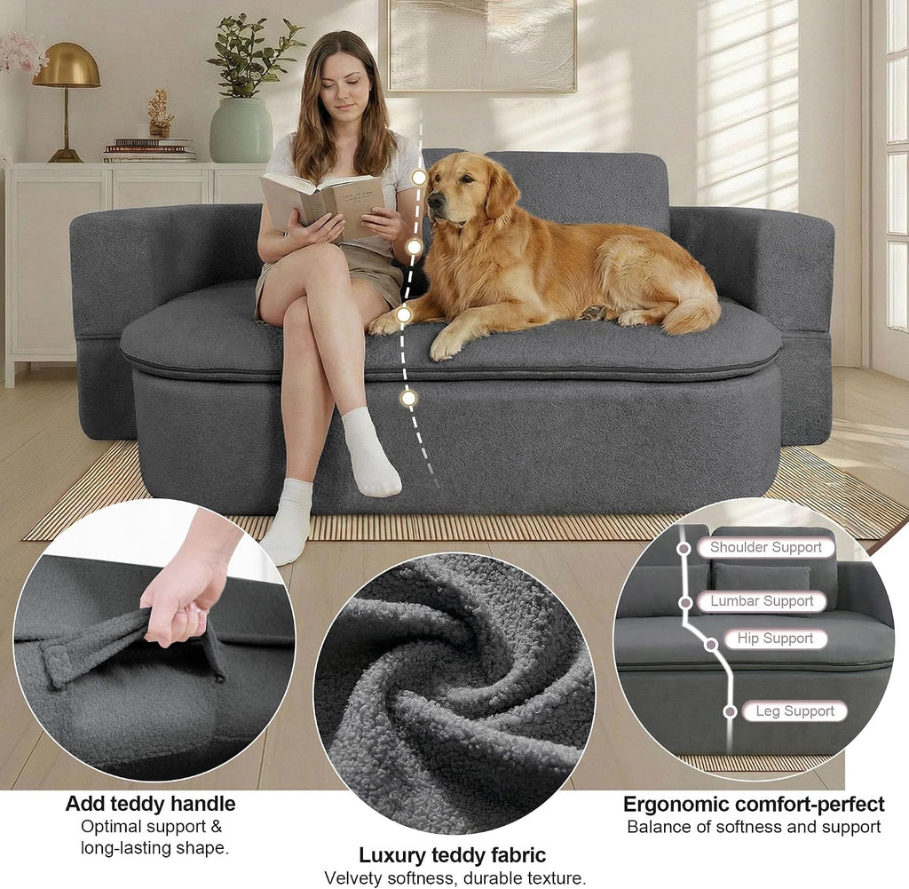 75'' Folding Sleeper Sofa Bed, Convertible Memory Foam Boneless Couch, Foldable Full Size Guest Bed, Modern 2-in-1 Futon Floor Sleeper Sofa with 4 Pillows and Blanket (Teddy, Dark Gray)