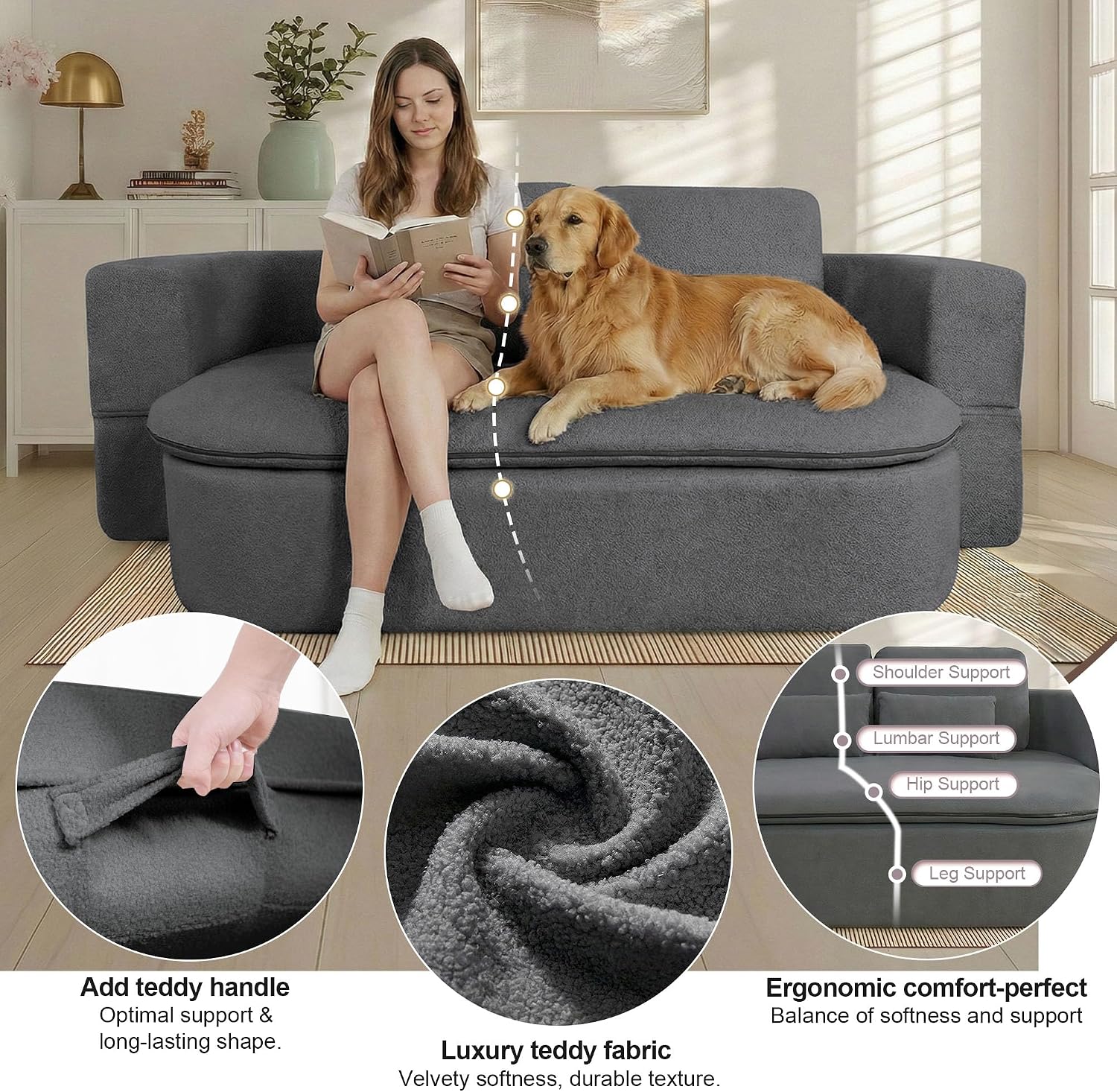 75'' Folding Sleeper Sofa Bed, Convertible Memory Foam Boneless Couch, Foldable Full Size Guest Bed, Modern 2-in-1 Futon Floor Sleeper Sofa with 4 Pillows and Blanket (Teddy, Dark Gray)