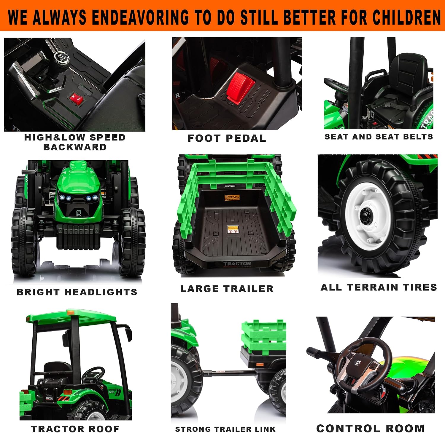 Kidsera 24V Kids Ride on Tractor with Trailer & Front Loader, 3 In1 Tractor 4-Gearbox 24volt Dual Motors Metal Frame, 24V Ride on Toys for Big Kids, Power Wheels Kids Electric Vehicles (Green)
