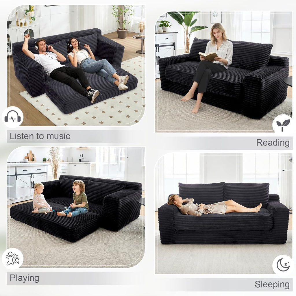 GNIXUU 71' Corduroy Cloud Loveseat Sofa, 2 in 1 Convertible Sleeper Sofa with Fixed-Shape Frame, Comfy Folding Boneless Love Seat Couches for Living Room, Apartment, Small Spaces Drak Grey