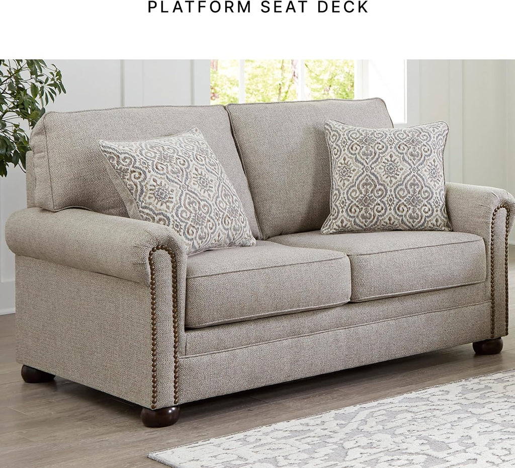 Signature Design by Ashley Gaelon Transitional Loveseat with Nailheads and 2 Accent Pillows, Beige