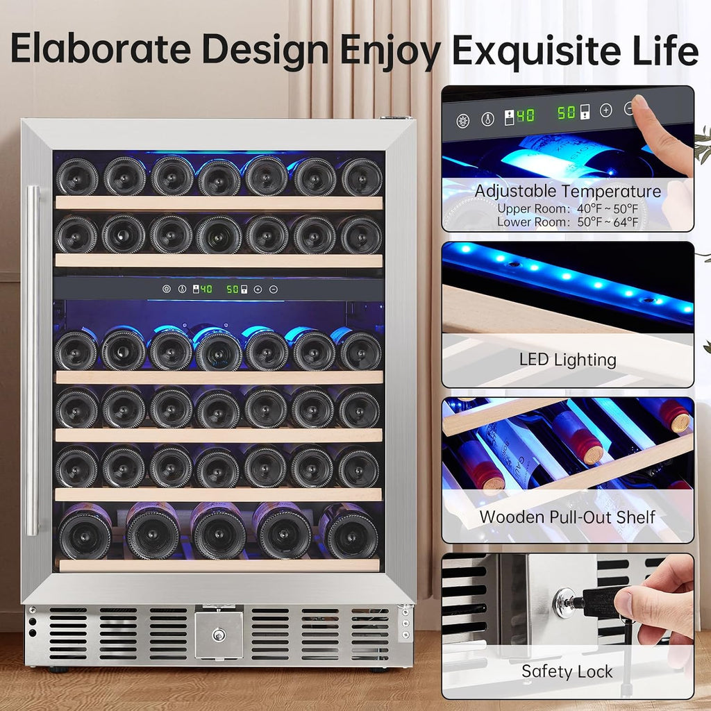 GarveeHome 24 in Dual Zone Wine Fridge Under Counter, 52 Bottle Wine Cooler Refrigerator with 40～64°F Digital Temperature Control, Safety Lock, All Wood Removable Shelves, Stainless Steel+Glass Door