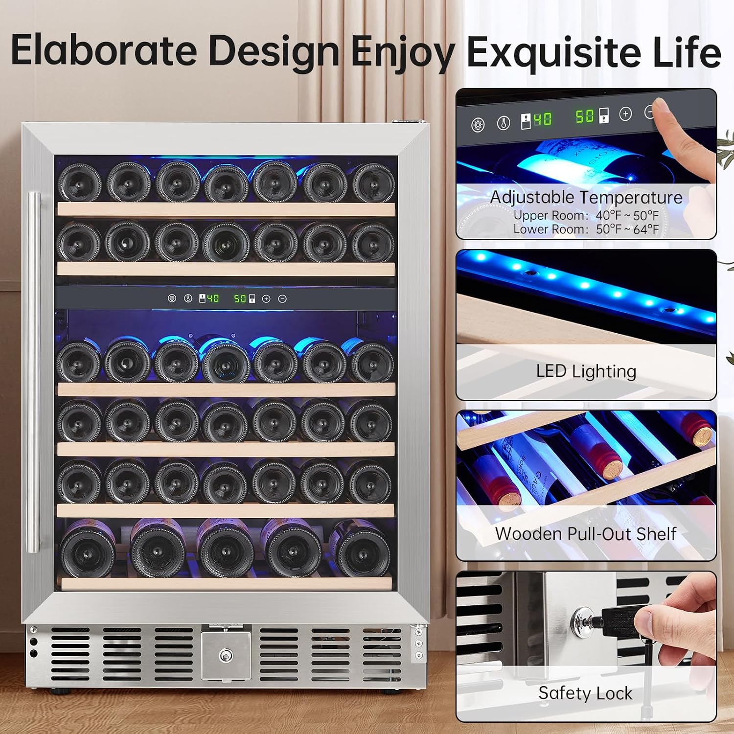 GarveeHome 24 in Dual Zone Wine Fridge Under Counter, 52 Bottle Wine Cooler Refrigerator with 40～64°F Digital Temperature Control, Safety Lock, All Wood Removable Shelves, Stainless Steel+Glass Door