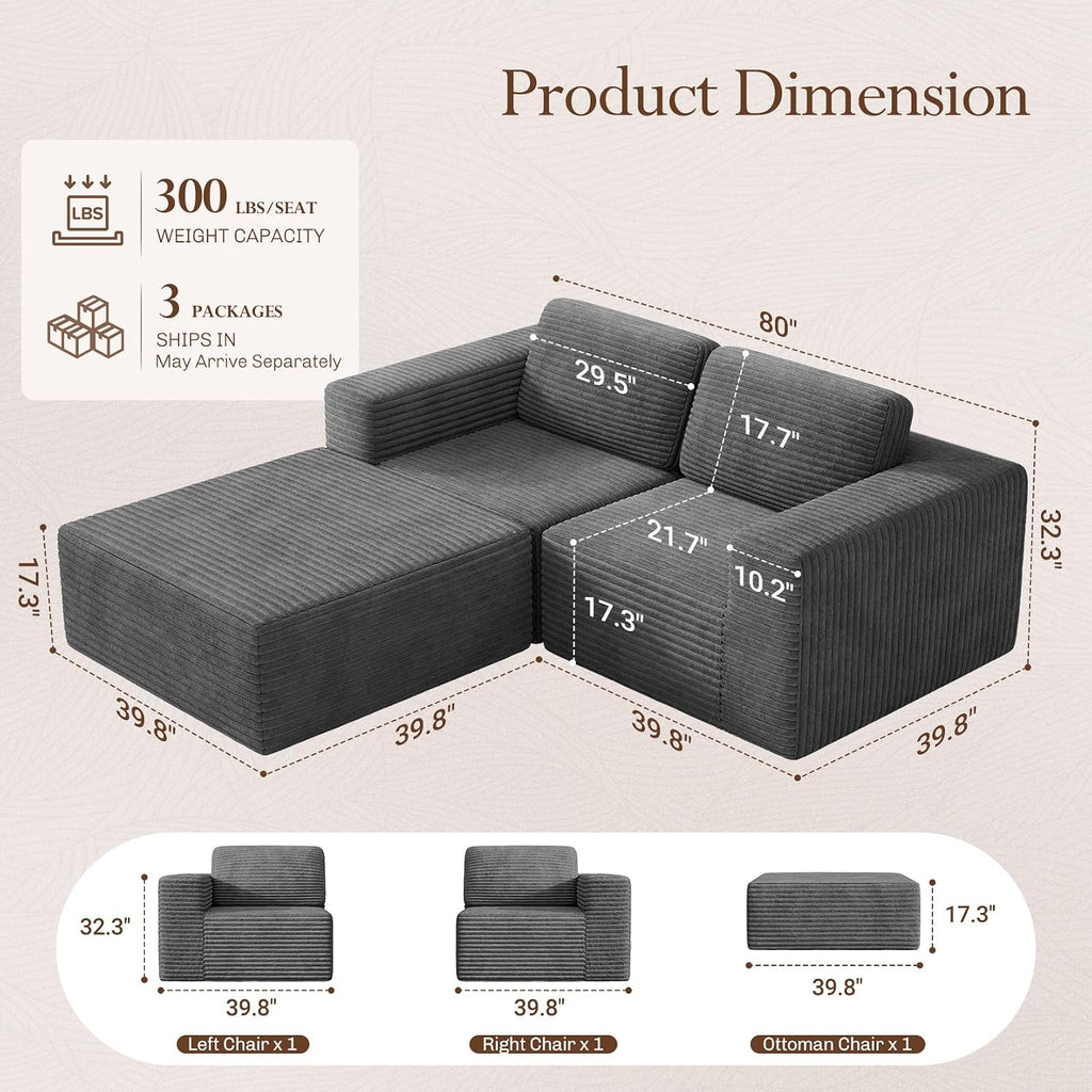 Vesgantti 80' Modular Sectional Sofa, Corduroy Cloud Couch with Deep Seats & Spring Support, Compact 2 Seater Boneless Couch, L-Shaped Modular Sofa for Small Spaces, Apartments, No Assembly, Grey