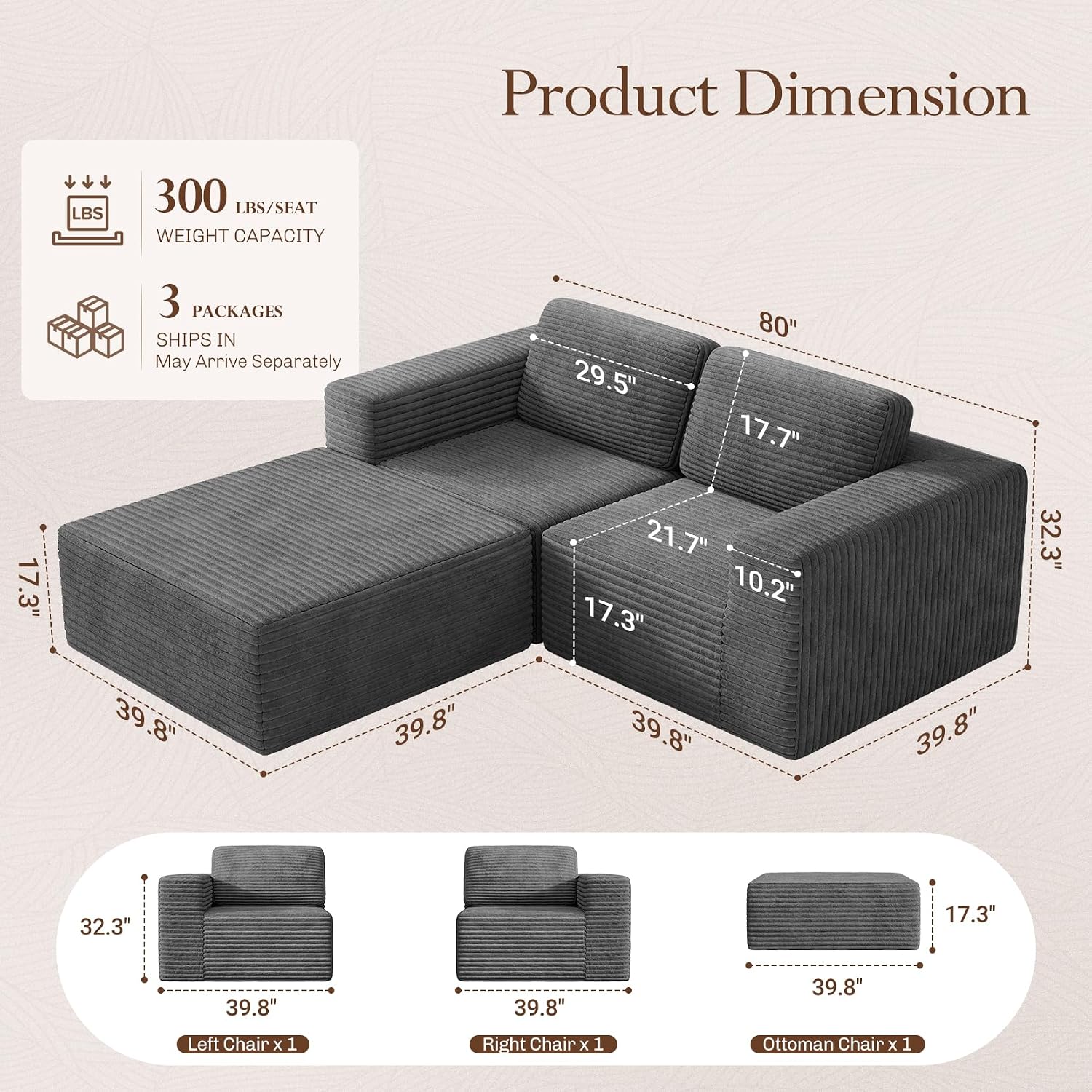Vesgantti 80' Modular Sectional Sofa, Corduroy Cloud Couch with Deep Seats & Spring Support, Compact 2 Seater Boneless Couch, L-Shaped Modular Sofa for Small Spaces, Apartments, No Assembly, Grey