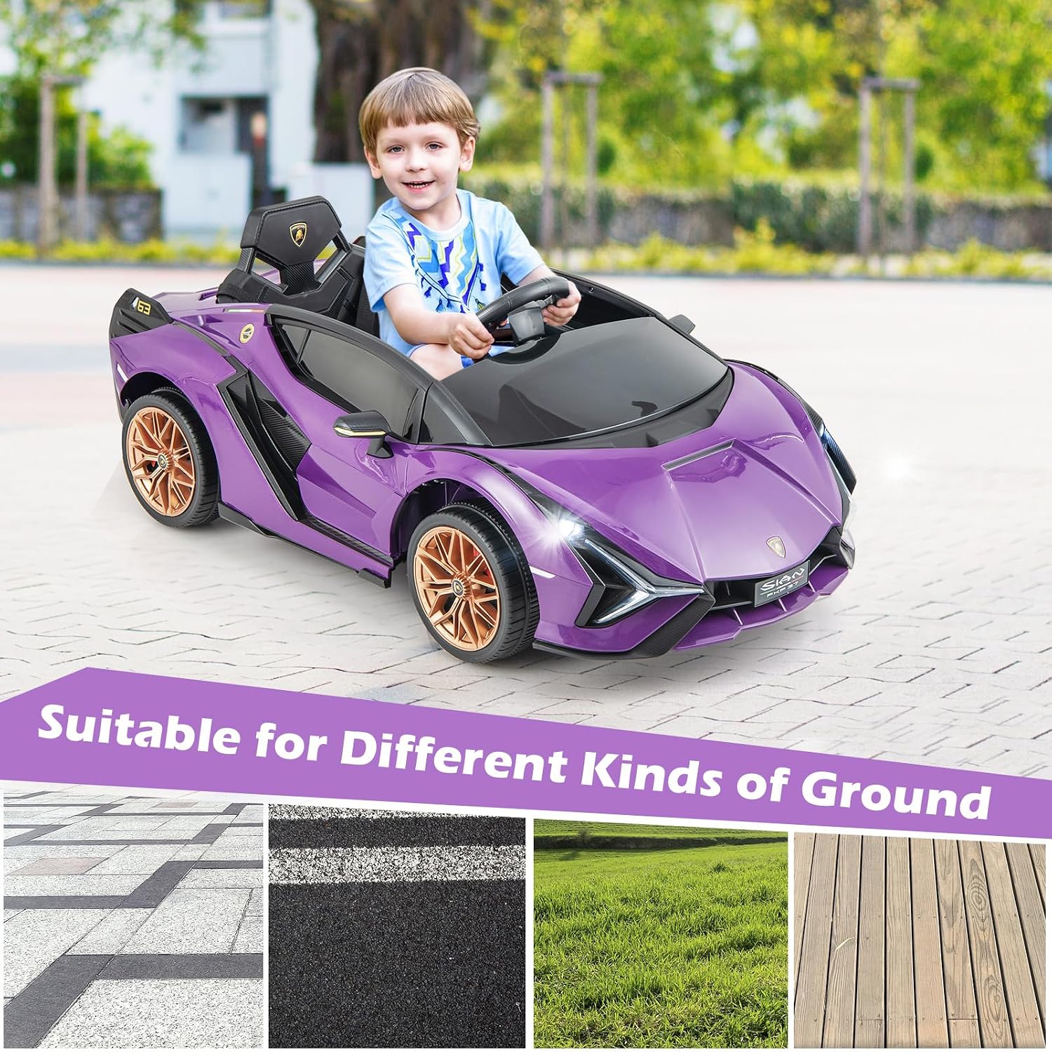 INFANS 12V Licensed Lamborghini Sian Kids Ride On Car with Parent Remote Control, Spring Suspension, MP3 Player, Electric Toy Roadster Carbon Fiber Textured for Toddler (Purple)