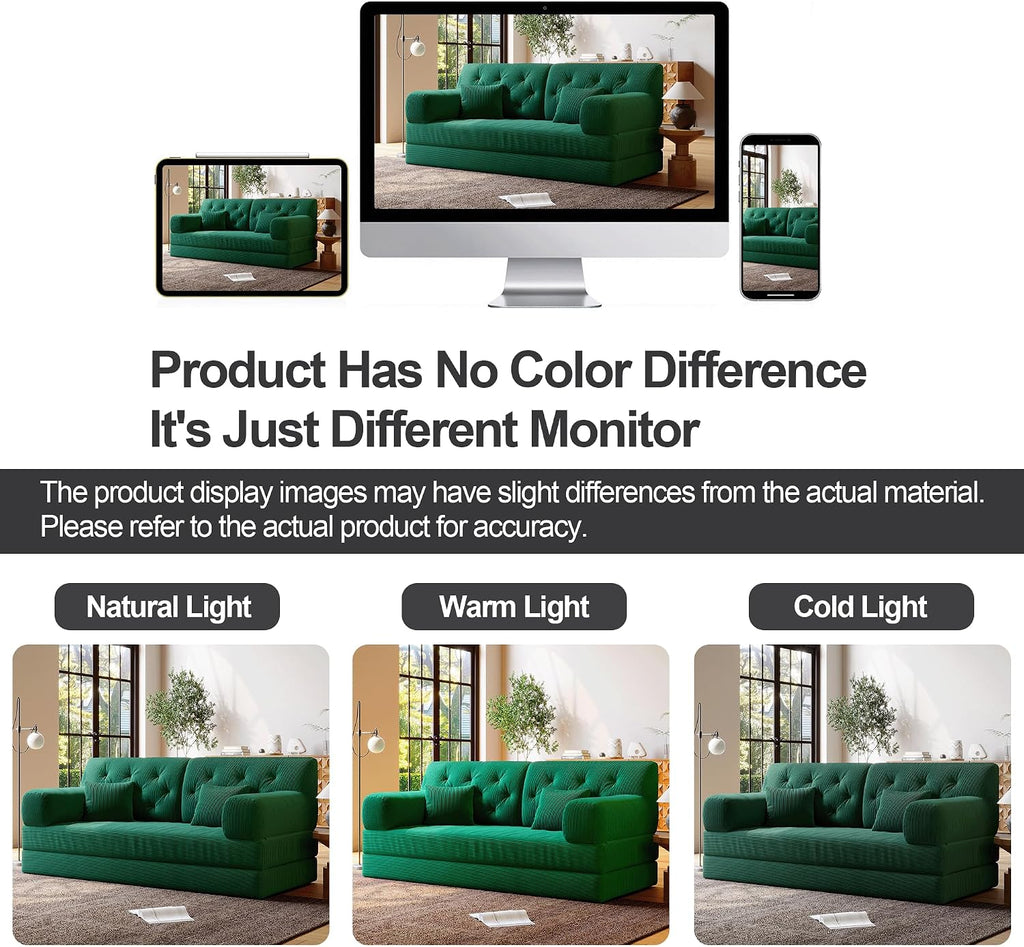 5-in-1 Folding Convertible Sofa Bed, Loveseat Sleeper with Pull-Out Bed, Floor Sofa Modular Futon Couch, 79' Oversized Corduroy Upholstered Boneless Couch for Living Room, Bedroom, Lounge, Green-C