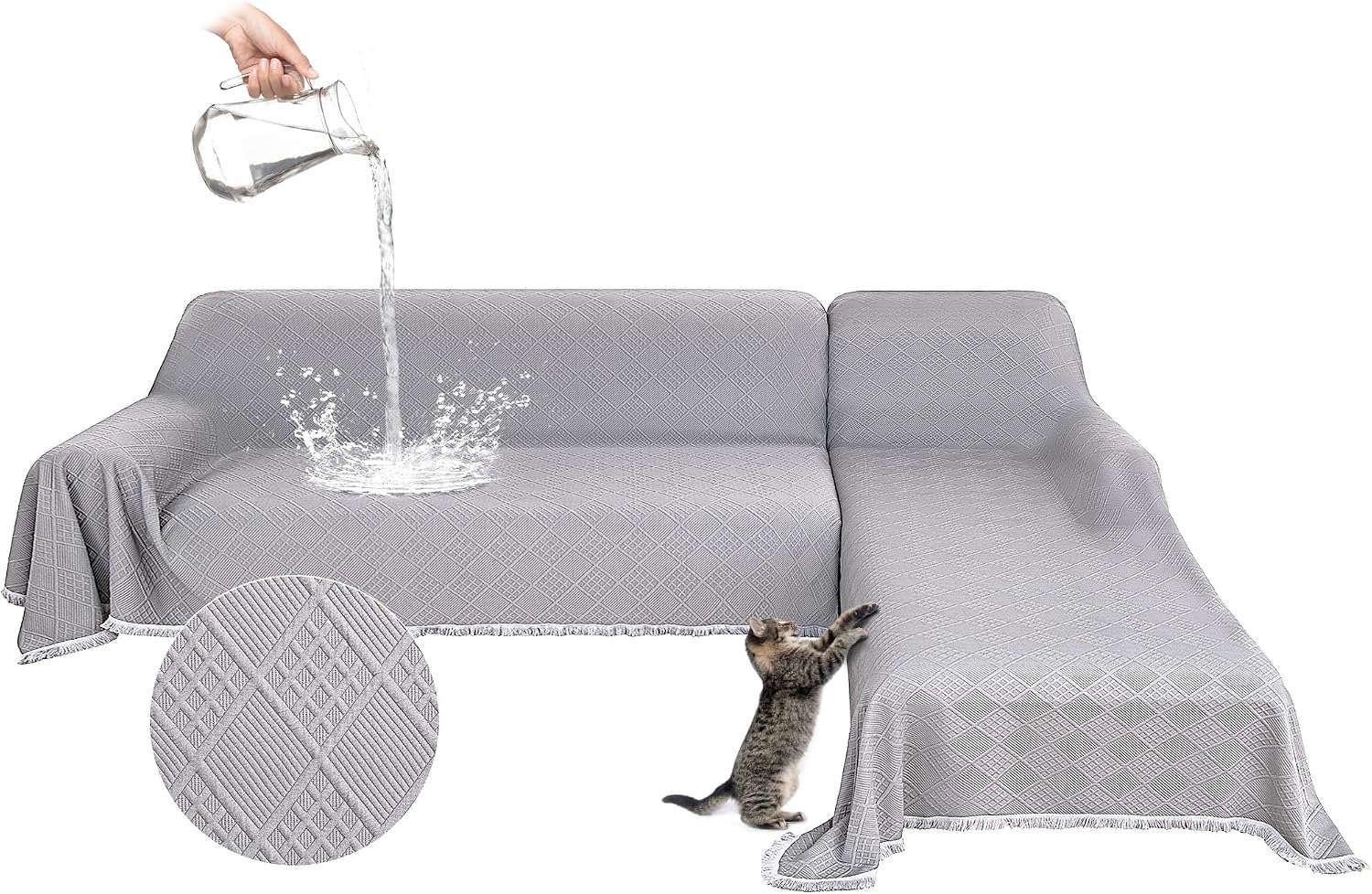 Waterproof L Shaped Sectional Couch Covers Blanket 2 Piece Sectional Sofa Cover Washable L Shape Sofa Slipcover Jacquard Quilted Furniture Protector for Dogs Pets Cats (XX-Large, Ash Gray)
