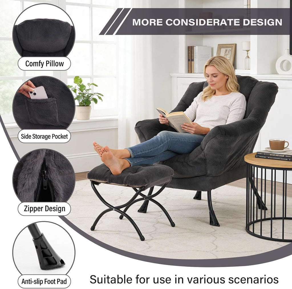 MBOOYOME Lazy Chair with Folding Ottoman, Modern Accent Lounge Armchair with Armrests and a Side Pocket & Foldable Footstool, Leisure Reading Chair for Living Room, Bedroom, Dorm & Office, Plush Navy