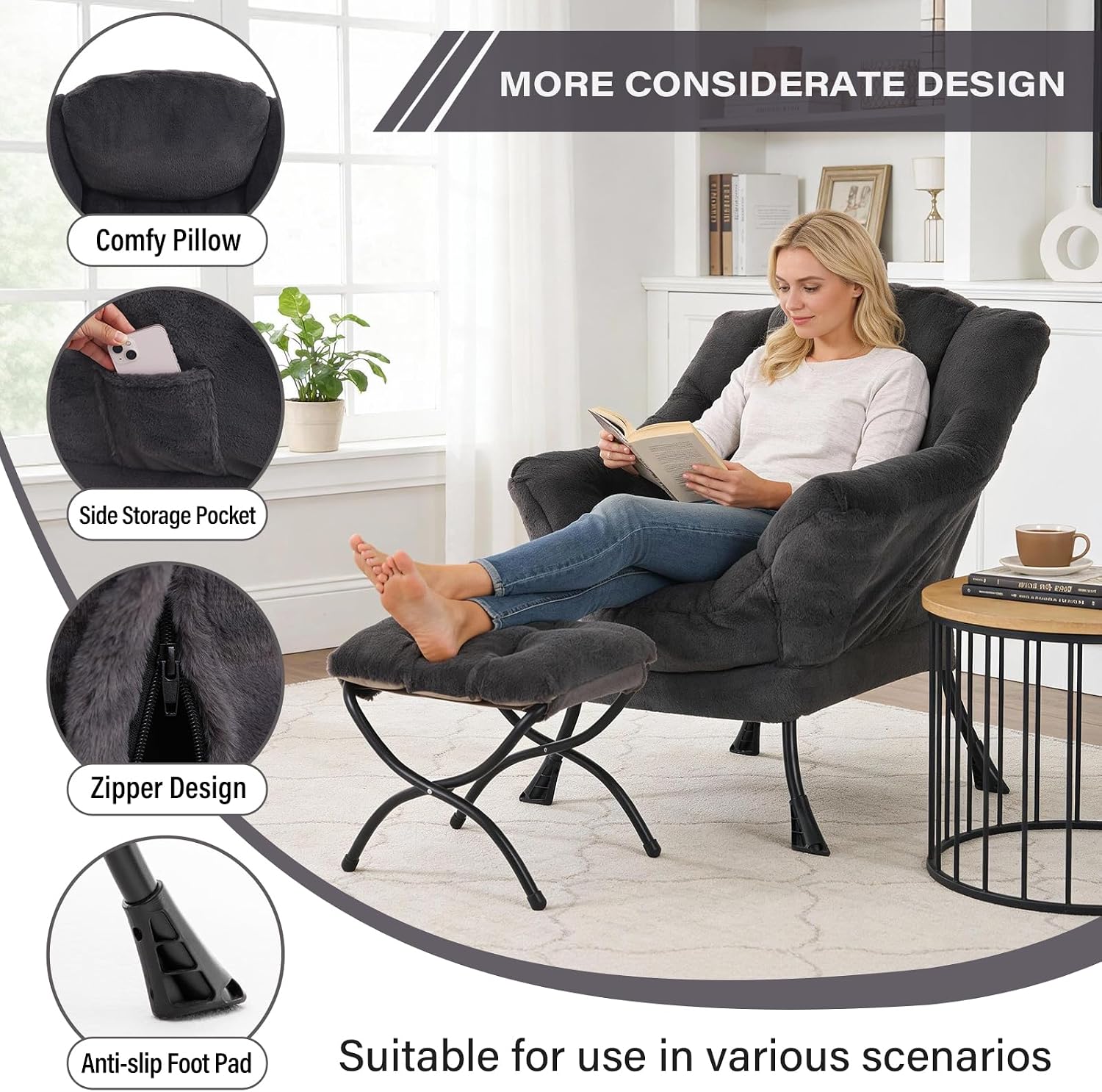 MBOOYOME Lazy Chair with Folding Ottoman, Modern Accent Lounge Armchair with Armrests and a Side Pocket & Foldable Footstool, Leisure Reading Chair for Living Room, Bedroom, Dorm & Office, Plush Navy