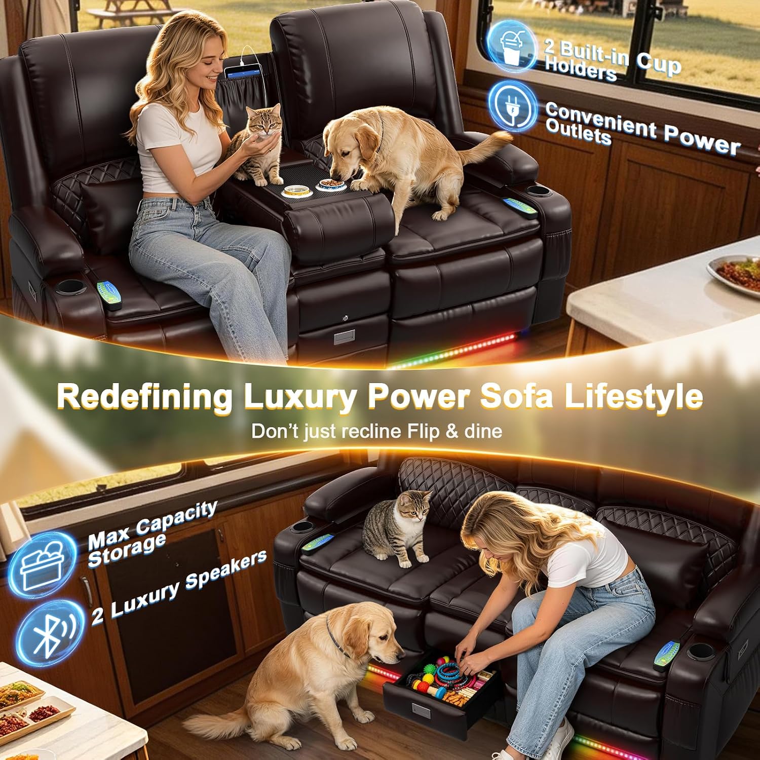 Power Recliner Loveseat Recliner with Massage and Lumbar Heating, Home Theater Reclining Loveseat with Flip Console, RV Couch Wall Hugger with 2 Speakers, Storage, USB, Outlet & LED (PU, Brown)