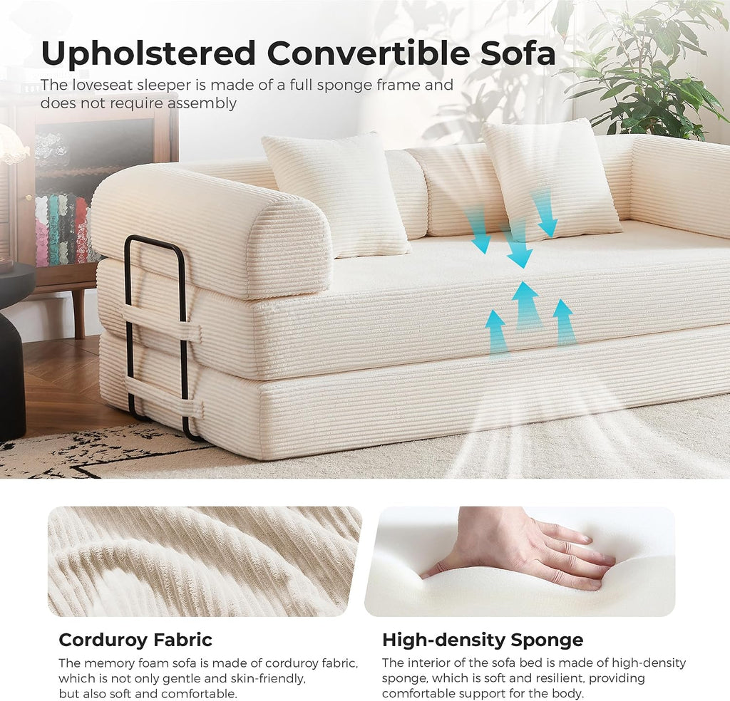 79' Convertible Sofa Bed No Assembly, 5-in-1 Sleeper with Fixed Frame & Corduroy Cloud Cushion, Foldable Futon Couch for Small Apartment, Guest Room, Office (Beige White)