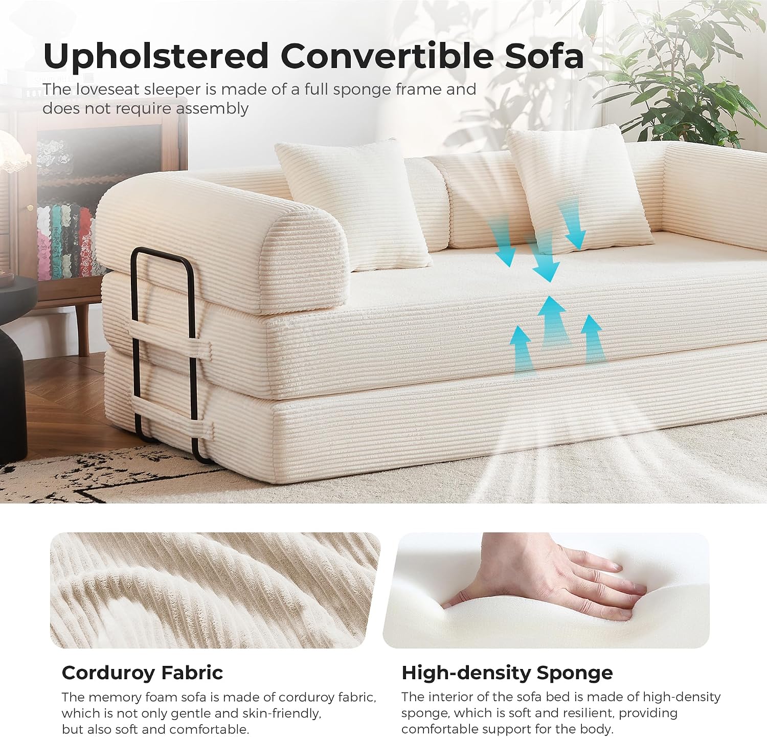79' Convertible Sofa Bed No Assembly, 5-in-1 Sleeper with Fixed Frame & Corduroy Cloud Cushion, Foldable Futon Couch for Small Apartment, Guest Room, Office (Beige White)