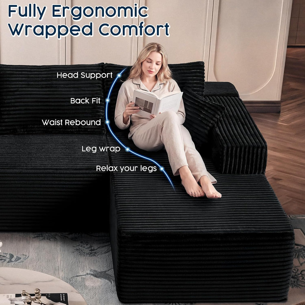 Black Sectional Couch for Living Room - 108' Modular Cloud Sofa with Chaise, Ultra Soft Corduroy L-Shaped Large Couches, Boneless Deep Seat Sectional Couch, No Assembly Required (Left Facing Chaise)
