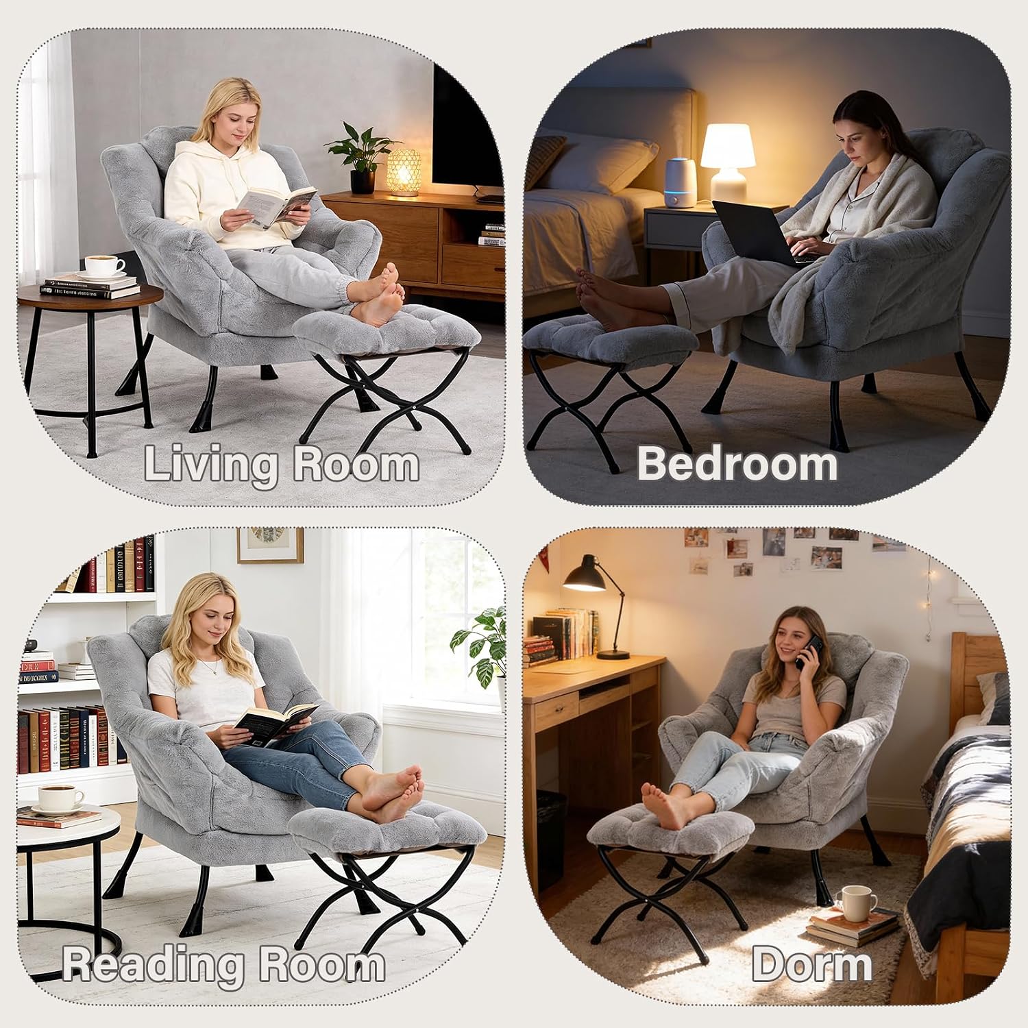 MBOOYOME Lazy Chair with Folding Ottoman, Modern Accent Armchair with Armrests and a Side Pocket & Foldable Footstool, Reading Chair for Living Room, Bedroom, Dorm & Office, Plush Grey