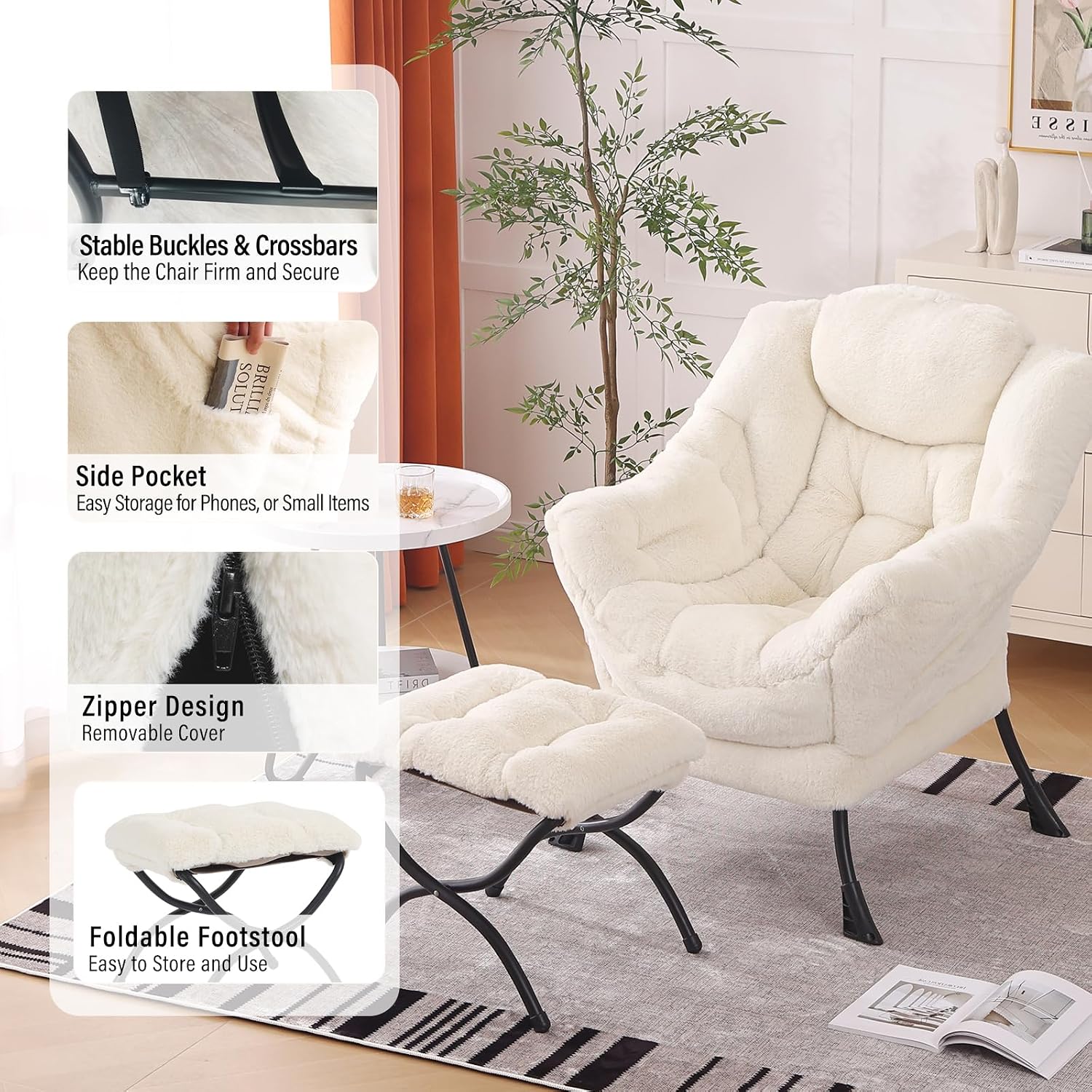 Furlide Lazy Chair with Ottoman, Modern Accent Chair with Armrests and a Side Pocket, Plush Beige Accent Chairs, Reading Chairs, Oversized Armchairs for Bedroom, Study, Living Room, Courtyard