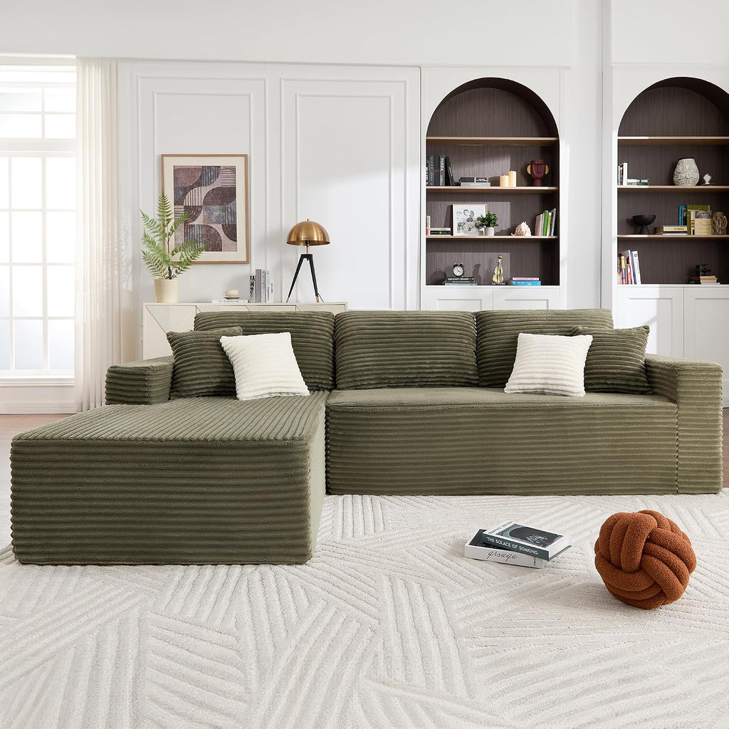 Opiesit 108' Boneless Couches for Living Room, Modular Sectional Sofa with Oversized Chaise, L-Shape Cloud Couch with Deep Seat, High-Density Memory Foam, No Assembly Required, Plush Corduroy Green