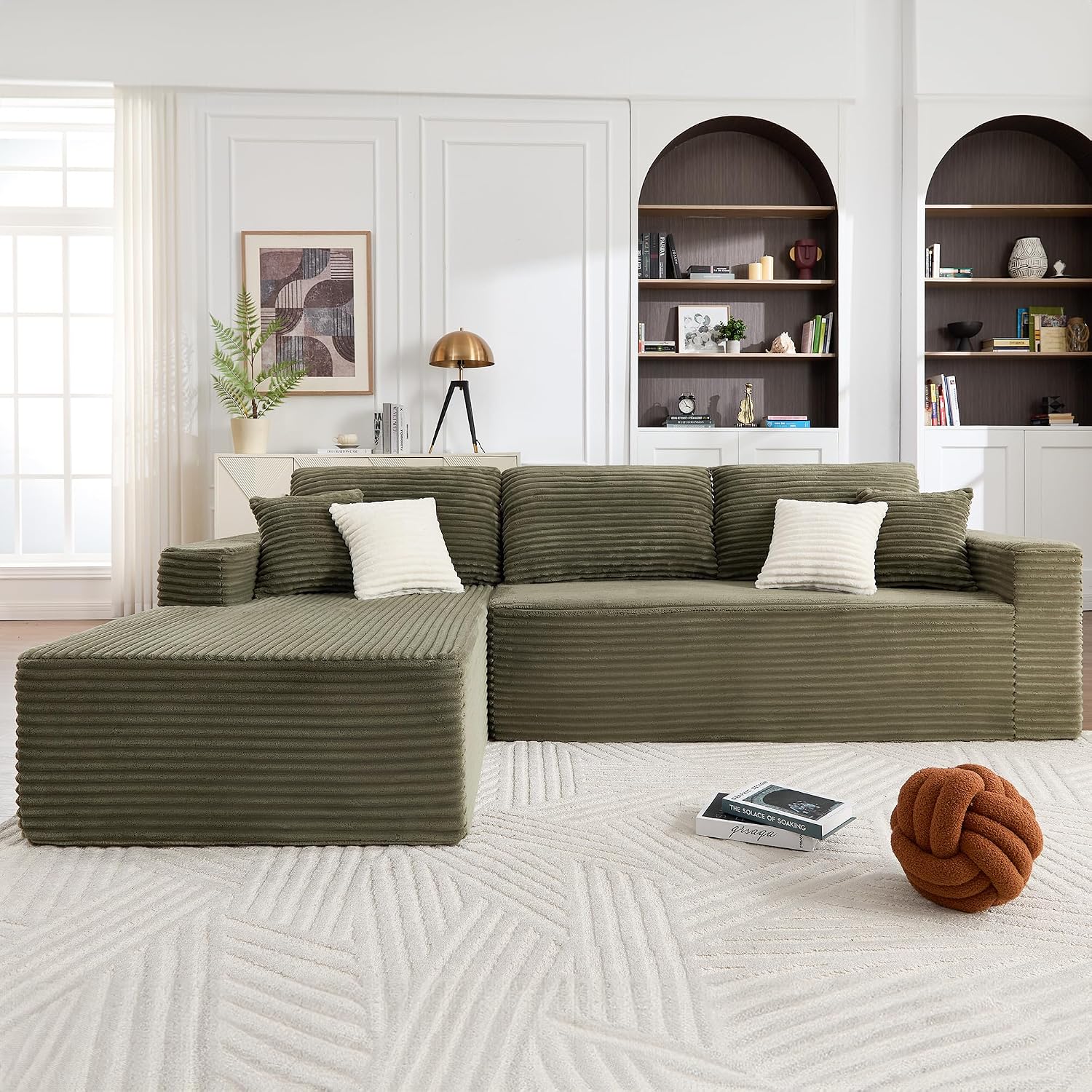 Opiesit 108' Boneless Couches for Living Room, Modular Sectional Sofa with Oversized Chaise, L-Shape Cloud Couch with Deep Seat, High-Density Memory Foam, No Assembly Required, Plush Corduroy Green