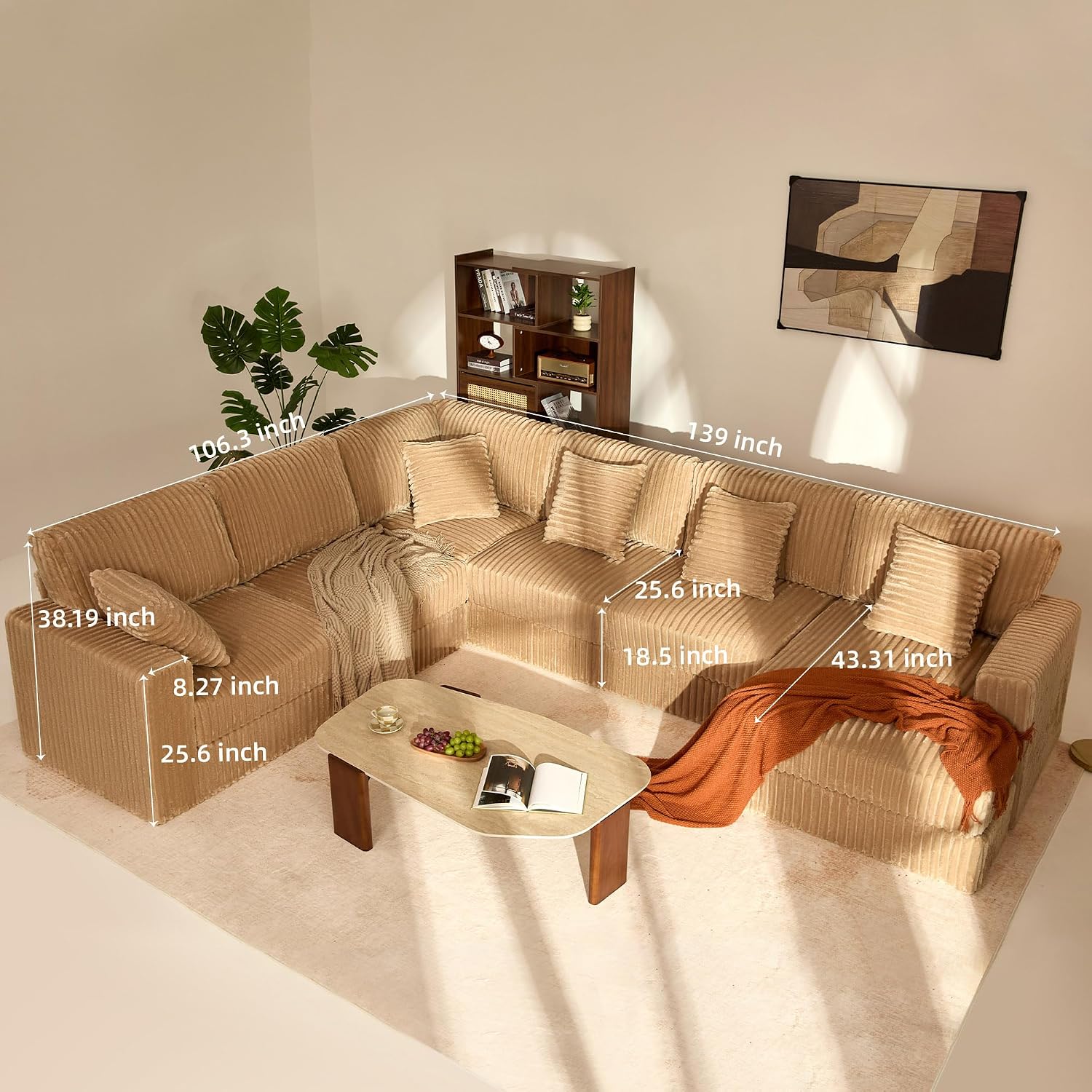 Cloud Couch 139' U-Shaped Couch(Not Boneless), Oversized 7-Seater Modular Couch, Queen Sofa with Corduroy Upholstery, Deep Seats, Pocket Spring Cushions for Living Room, Right Facing Chaise, Camel