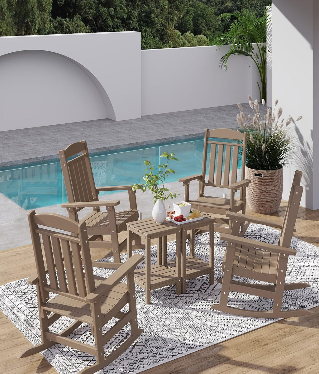 FOOWIN Outdoor Rocking Chair Set of 2, High Back Patio Rocking Chair, HDPE All Weather Resistant Porch Rocker for Adult, Oversized Rocking Chairs for Garden, Lawn, Indoor & Outdoor Use, Brown